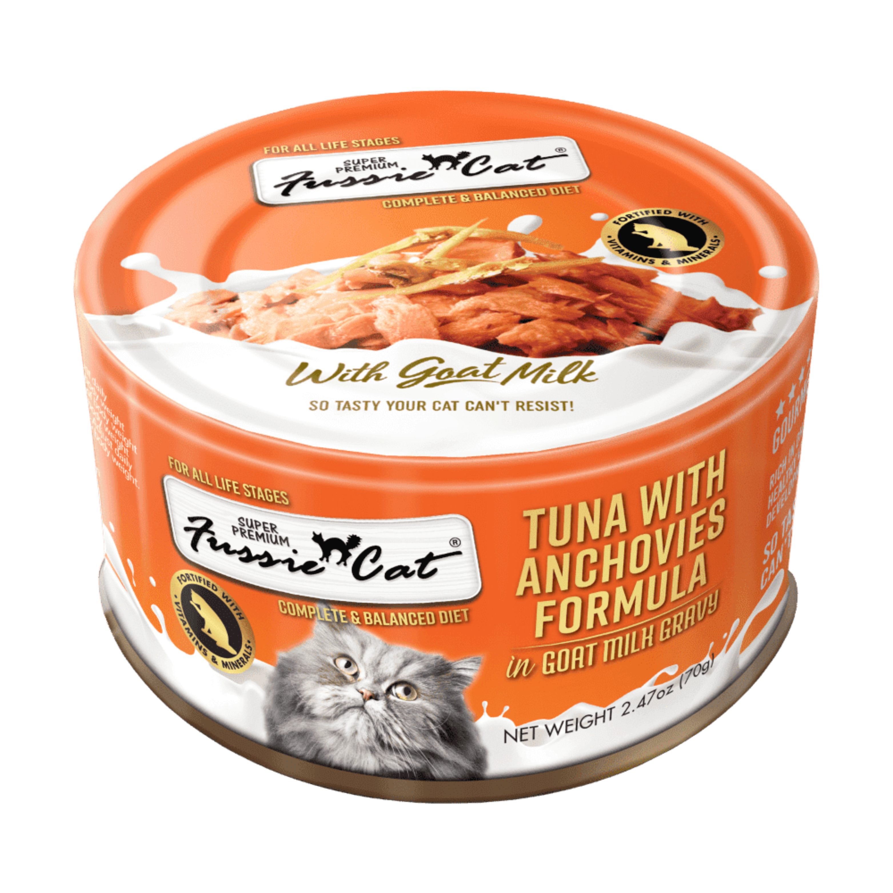 Premium Fussie Cat Goat Milk Tuna with Anchovies in Gravy - 70g Wet Cat Food for Kittens & Adult Cats | High Protein Grain-Free Recipe | Perfect for Picky Eaters & Digestive Health