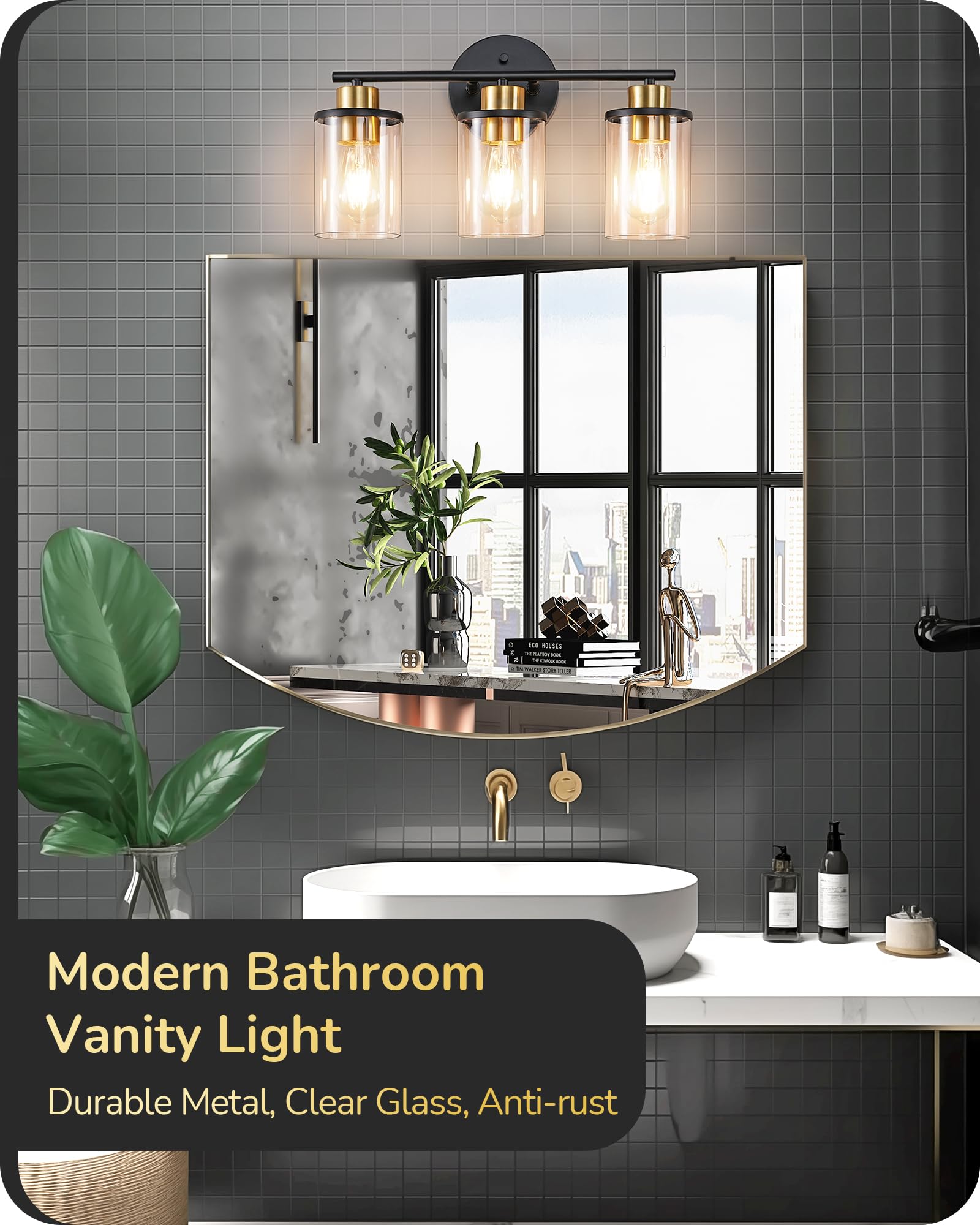 Modern 3-Light Bathroom Vanity Lighting Fixture - Black & Gold Wall Sconce with Clear Glass Shade for Bathroom Mirror, Powder Room, Vanity Table & Kitchen Decor | Perfect for Makeup Application & Ambient Lighting