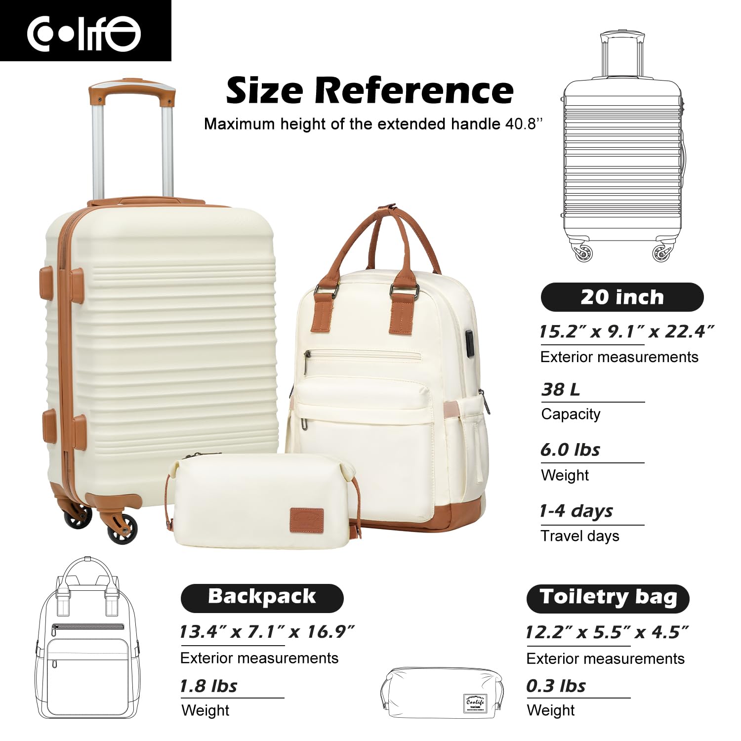 Coolife 3-Piece Hardside Luggage Set with TSA Lock & Spinner Wheels - Carry On Suitcase, Travel Bag & 20