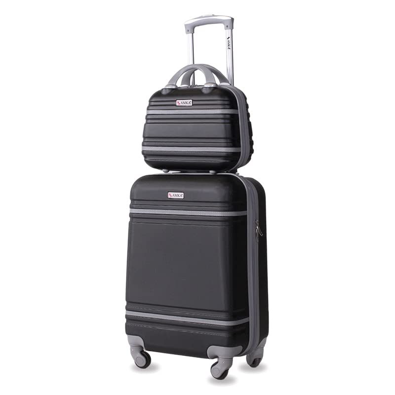 AMKA 2-Piece Varsity Hardside Spinner Wheel Luggage Set - 20-Inch Carry-On & 12-Inch Weekend Bag (Black/Grey) - Perfect for Business Trips, Weekend Getaways & Air Travel