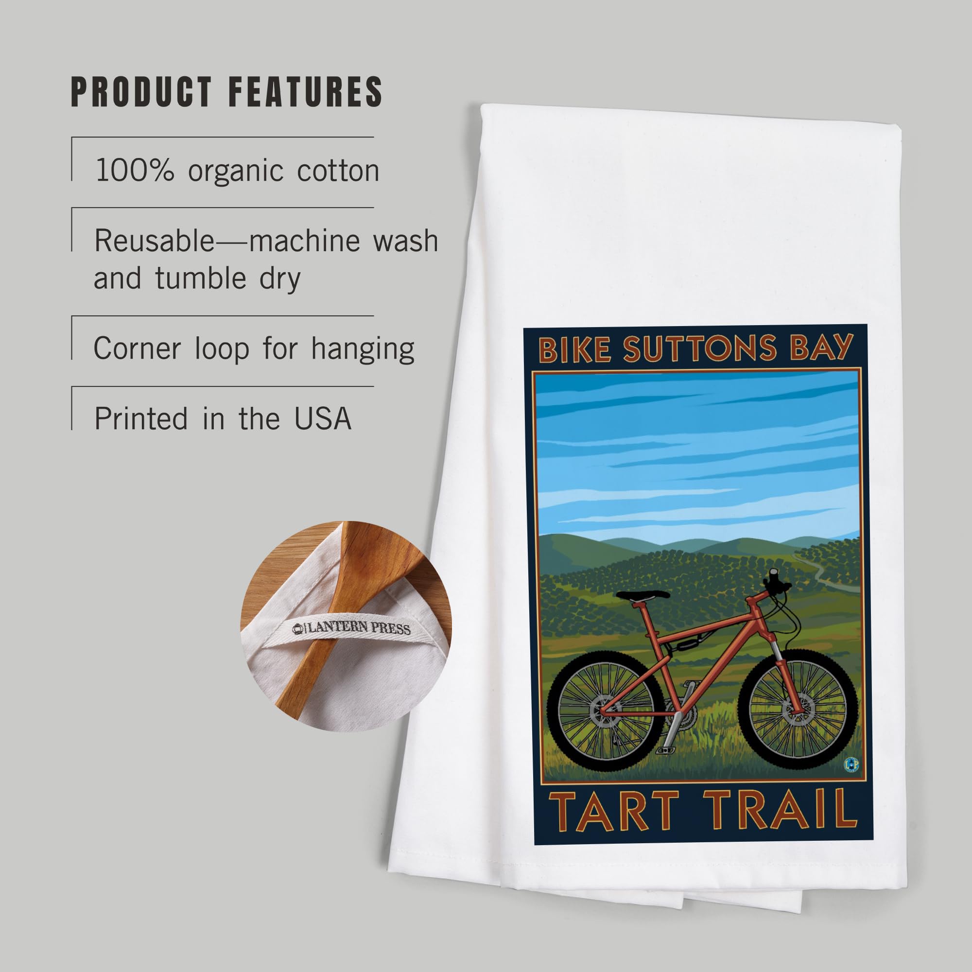 Lantern Press Suttons Bay Michigan Mountain Bike Print - 100% Cotton Tea Towel & Decorative Hand Towel for Kitchen, Bathroom & Home Decor | Perfect for Gifts, Farmhouse Style & Coastal Living