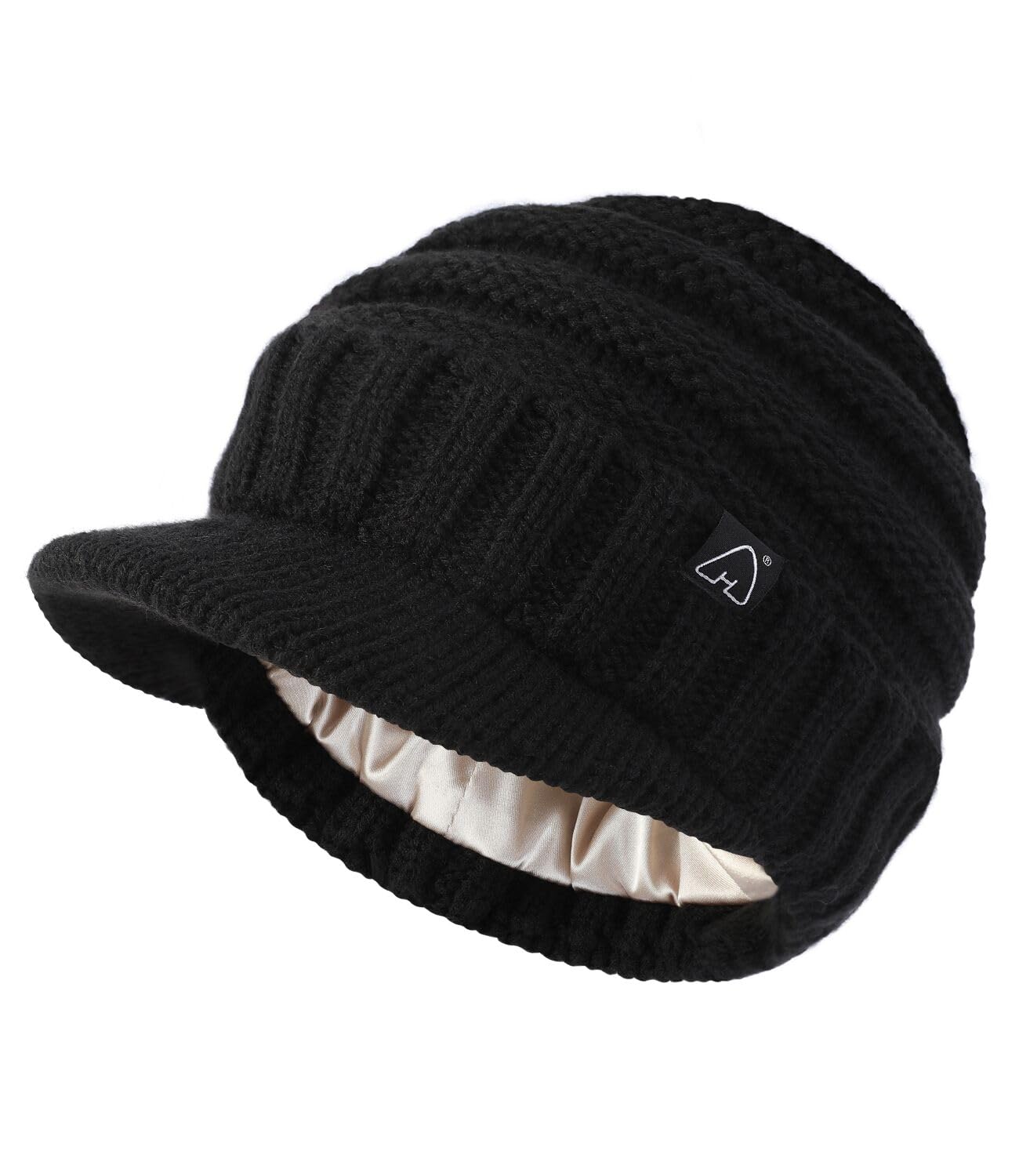 Satin Lined Winter Beanie Hat for Women & Men - Slouchy Knit Hat with Brim Visor - Warm Soft Unisex Beanie for Cold Weather - Perfect for Skiing, Snowboarding & Outdoor Activities