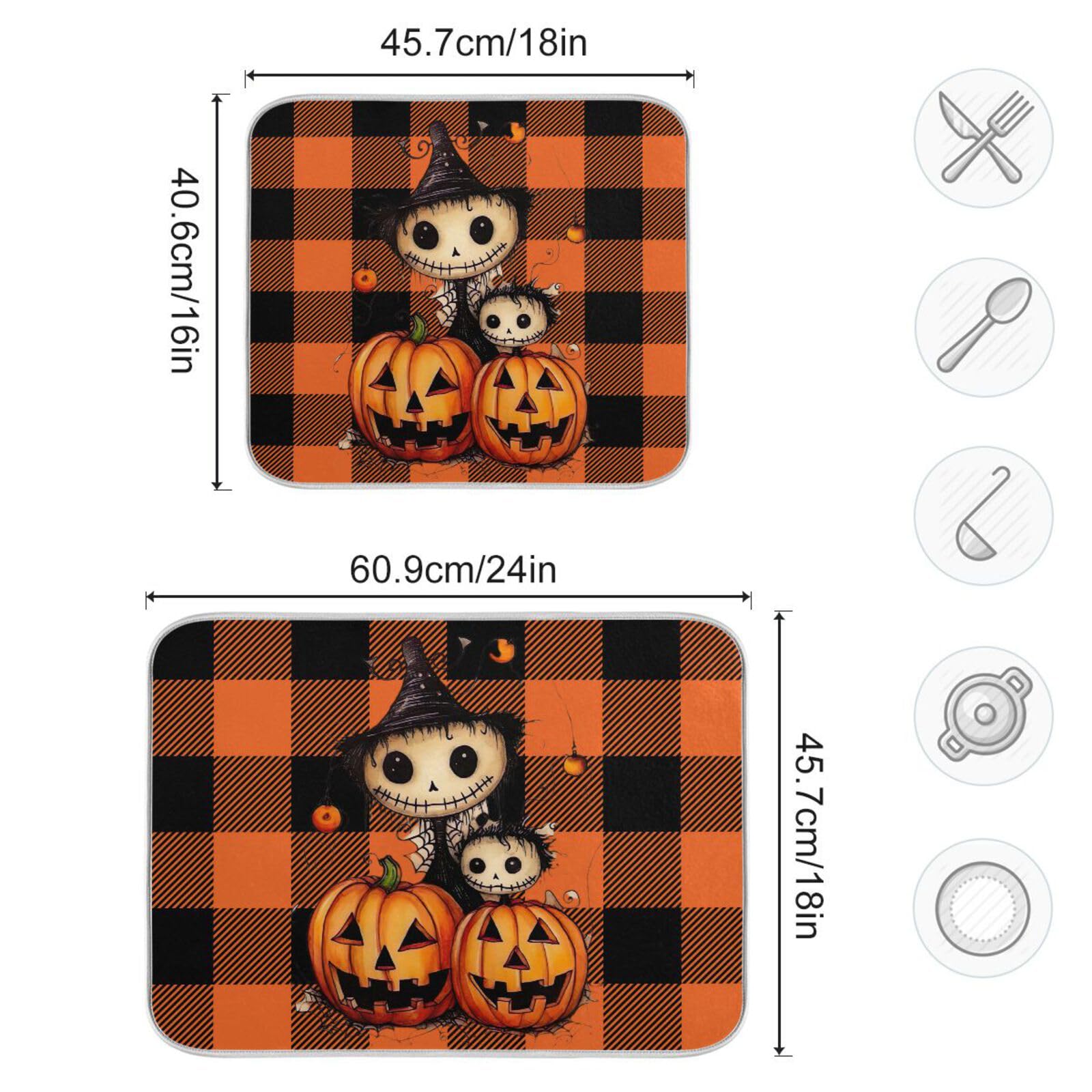 **Orange Plaid Halloween Pumpkin Dish Drying Mat – Absorbent Microfiber Kitchen Counter Protector (16