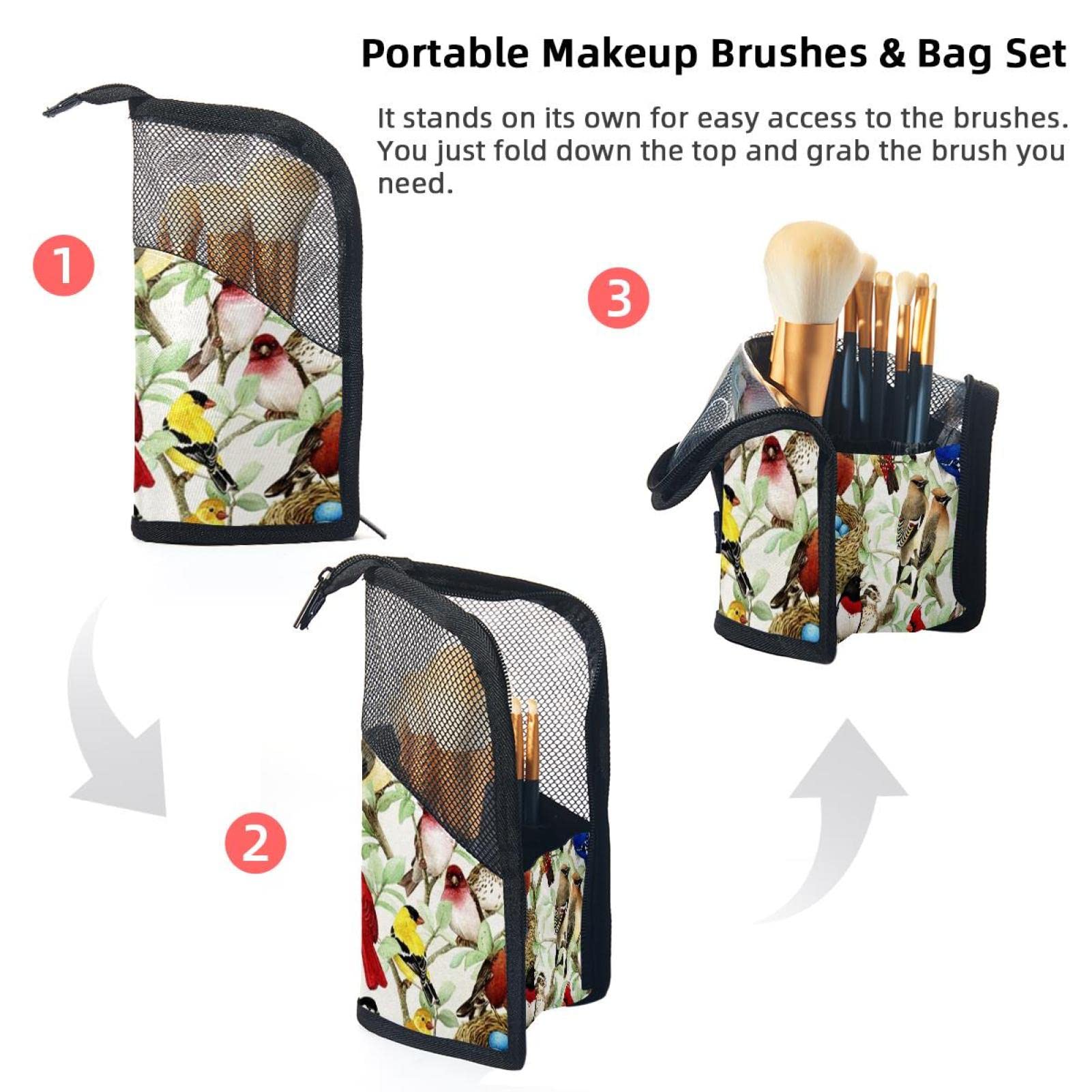 Premium Makeup Brush Organizer Bag with 12 Brushes - Seamless Plant & Birds Design, Portable Cosmetic Brush Holder Case for Travel & Home Storage