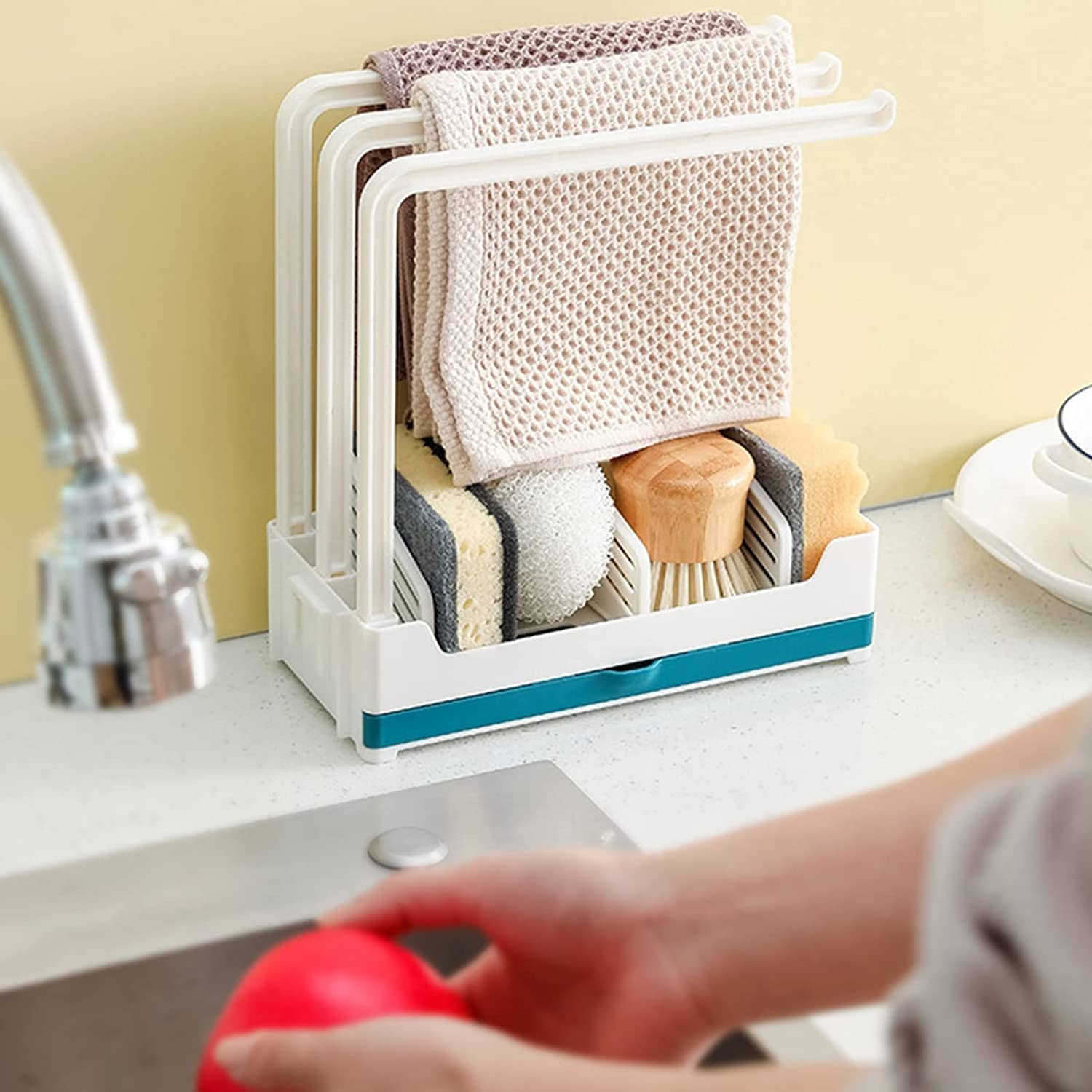 **Stainless Steel Kitchen Sink Caddy & Sponge Holder with Drain Pan - Expandable Sink Organizer for Dishwashing Sponges, Brushes & Cleaning Tools - Perfect for Home Decor & Kitchen Storage**    *(Use Case: Keep your sink area tidy while organizing sponges, brushes, and dish soap for a clutter-free kitchen!)*