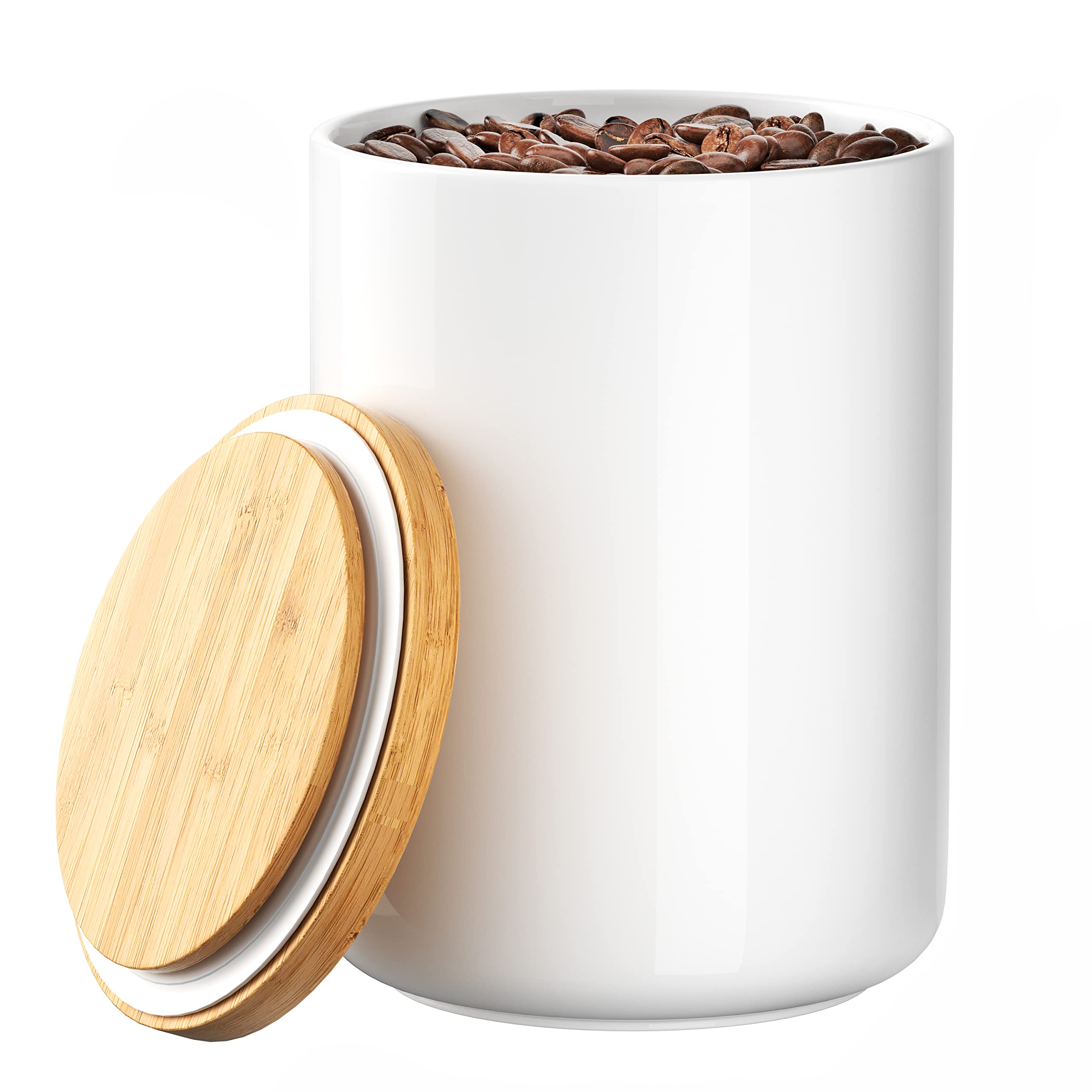 Premium White Ceramic 1050mL (4 Cup) Airtight Food Storage Canister with Bamboo Lid & Silicone Seal - Ideal for Coffee, Sugar, Snacks, Pet Treats & Baking Ingredients - Perfect for Kitchen Counter, Pantry Organization & Gift Giving