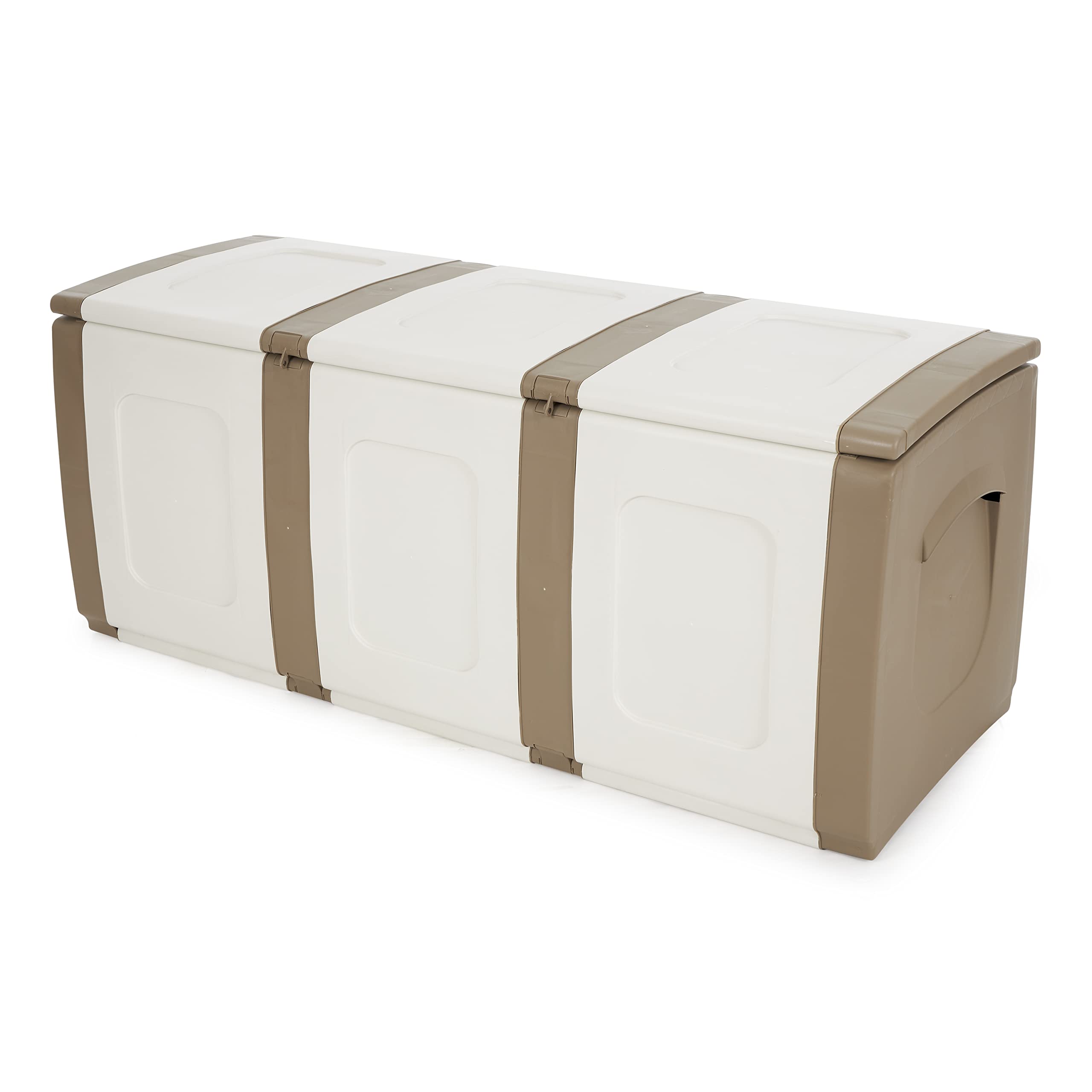Homeplast 79 Gallon Bold Indoor/Outdoor Plastic Storage Trunk - Waterproof Resin Deck Box for Pillows, Patio Cushions, Firewood - Beige/White - Perfect for Garage, Basement, Backyard & Poolside Storage