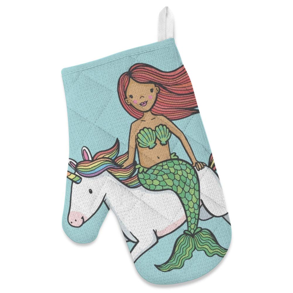Heat Resistant Polyester Oven Mitts & Potholder Set - Cartoon Mermaid Riding Unicorn Design, Non-Slip Kitchen Gloves for Baking, Cooking, BBQ - Perfect for Home Chefs & Holiday Cooking Gifts