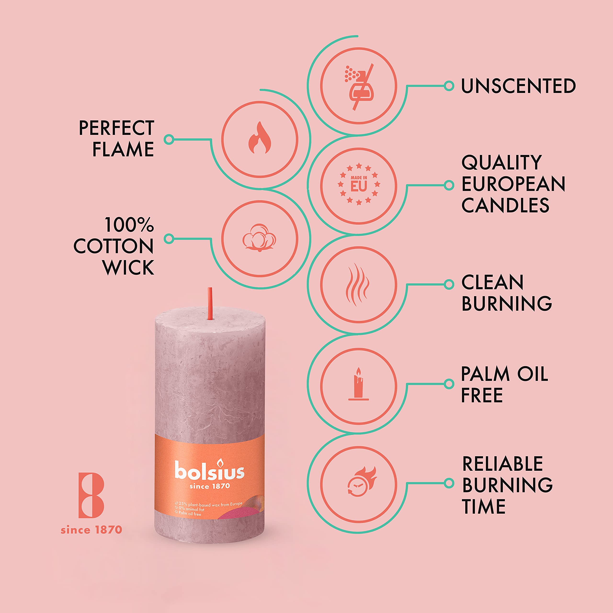 BOLSIUS 4 Pack Ash Rose Rustic Pillar Candles - 2 X 4 Inches - Premium European Quality Unscented Dripless Smokeless Candles with Natural Plant-Based Wax - 30 Hour Burn Time for Wedding, Party, Home Décor & Romantic Ambiance