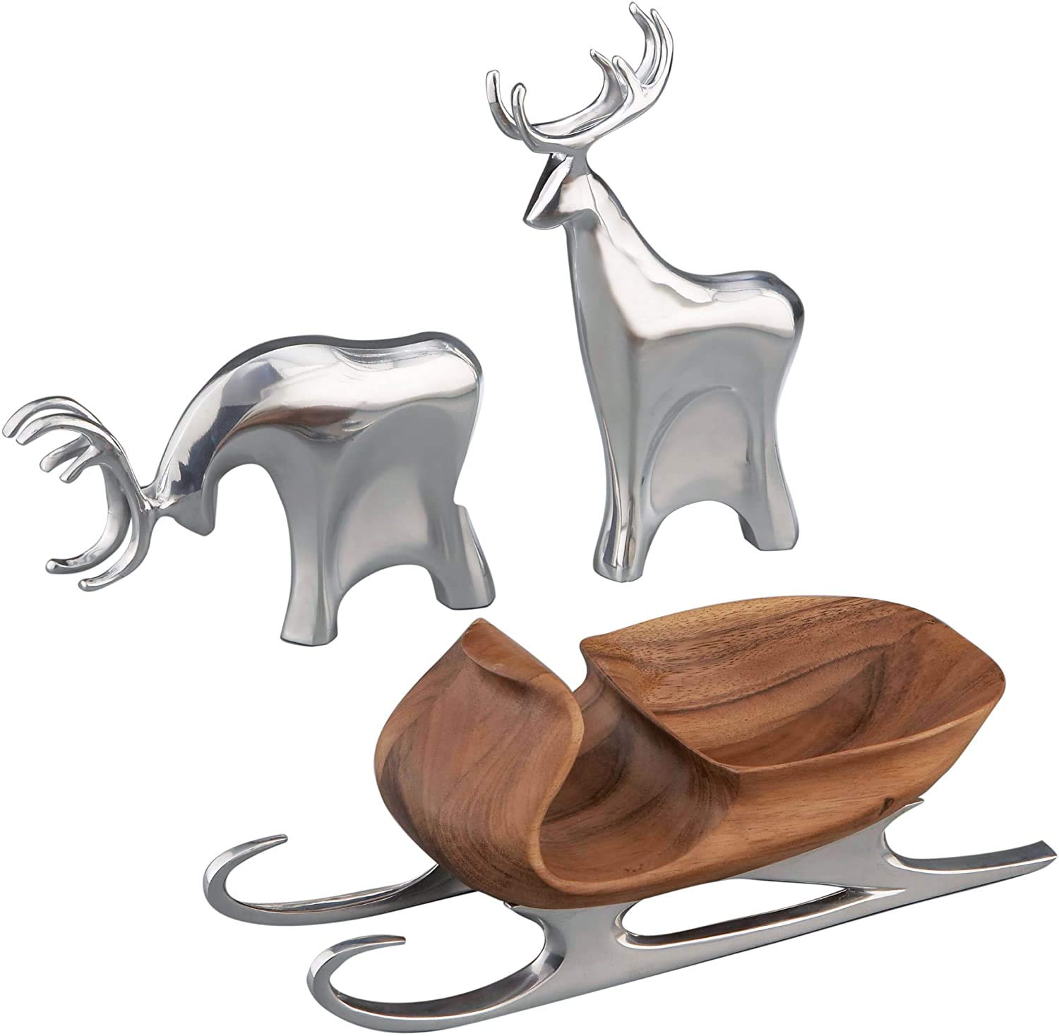 Nambe Christmas Sleigh with Reindeer Figurine Set - 3-Piece Metal Alloy & Acacia Wood Holiday Decor for Mantels, Tables, and Winter Wonderland Displays - Perfect for Christmas Home Decoration, Gift Giving, and Seasonal Festive Cheer