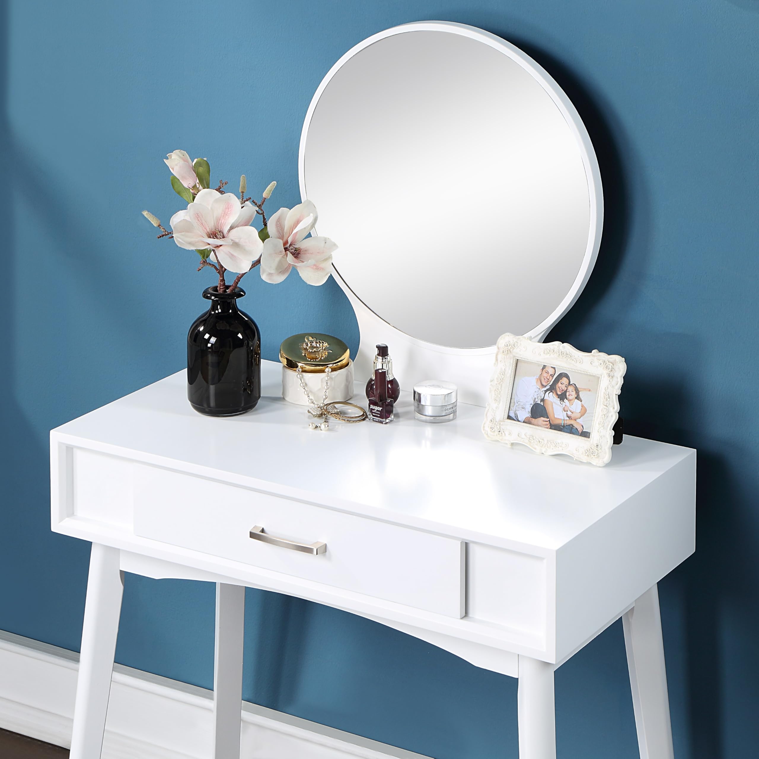 Roundhill Furniture Maly Contemporary Wood Vanity and Stool Set in Pink - Modern Dressing Table with Matching Stool for Bedroom Makeup & Beauty Routine