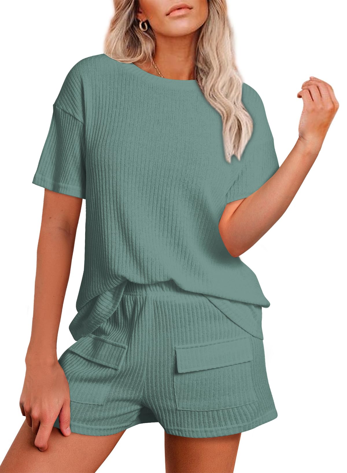 EVALESS Women's Rib Knit Lounge Set - Short Sleeve Top & High Waist Stretchy Shorts - Soft Pajama Outfit for Home, Sleep & Relaxation