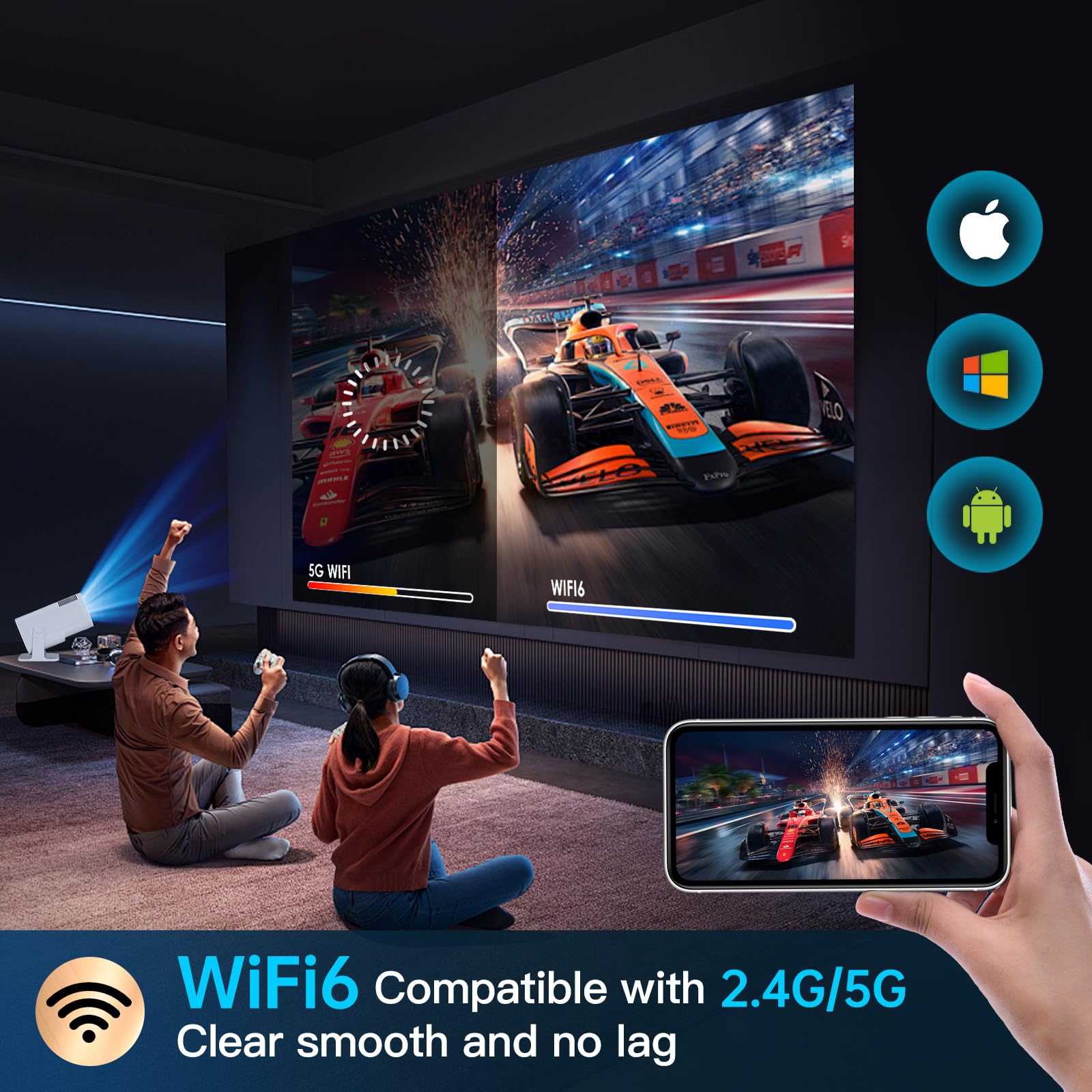 HIPPUS Smart Mini Projector - 180° Adjustable Stand, Full HD 1080P & 4K Support, WiFi 6 & Bluetooth, Auto Keystone, Android 11.0 - Portable Home Theater Projector for Movies, Gaming & Outdoor Entertainment (Black)