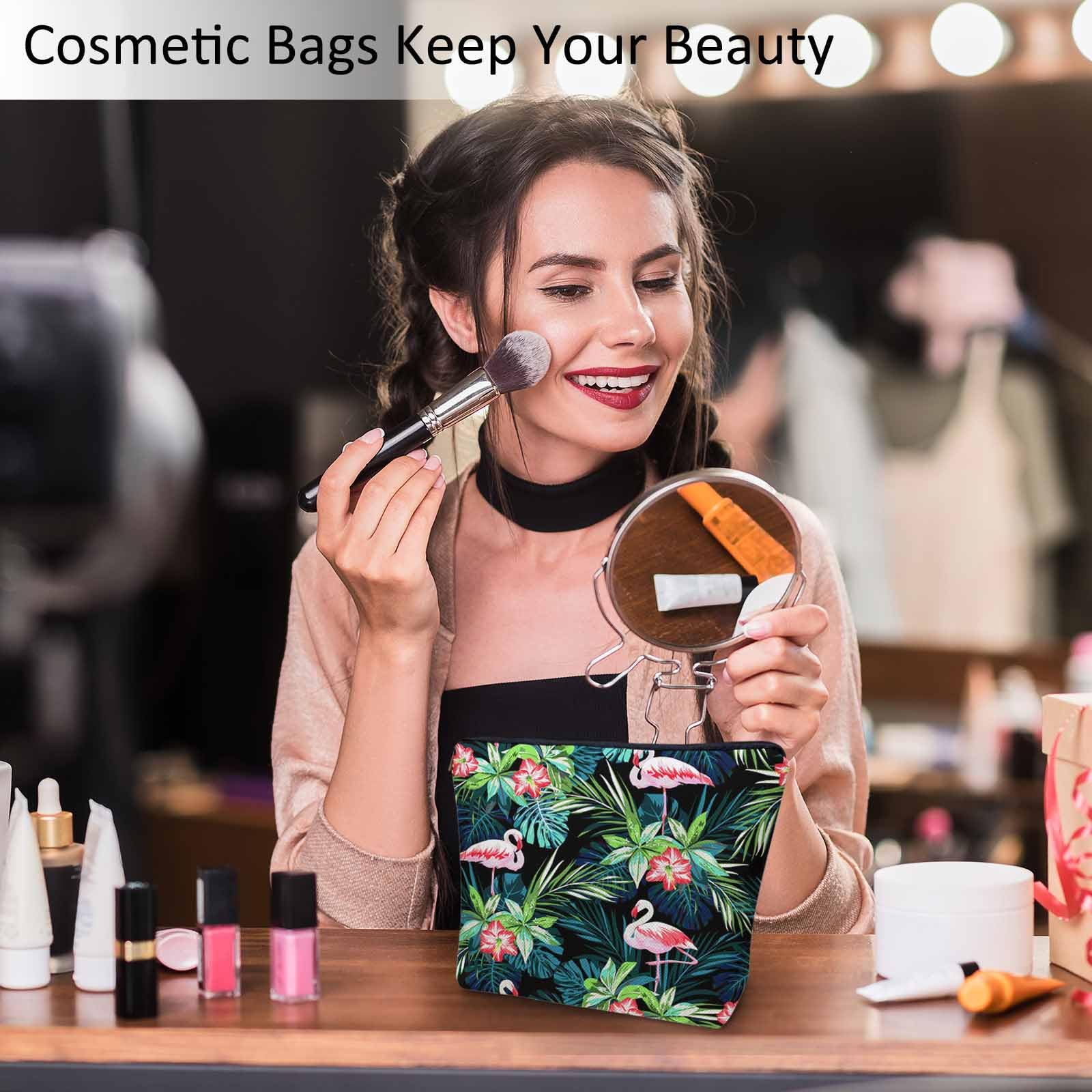 Flamingo Pink Makeup Bag for Women - Tropical Palm Leaves & Hibiscus Cosmetic Travel Organizer with Zipper, Waterproof Toiletry Pouch - Perfect for Travel, Beach Vacation & Daily Cosmetics Storage