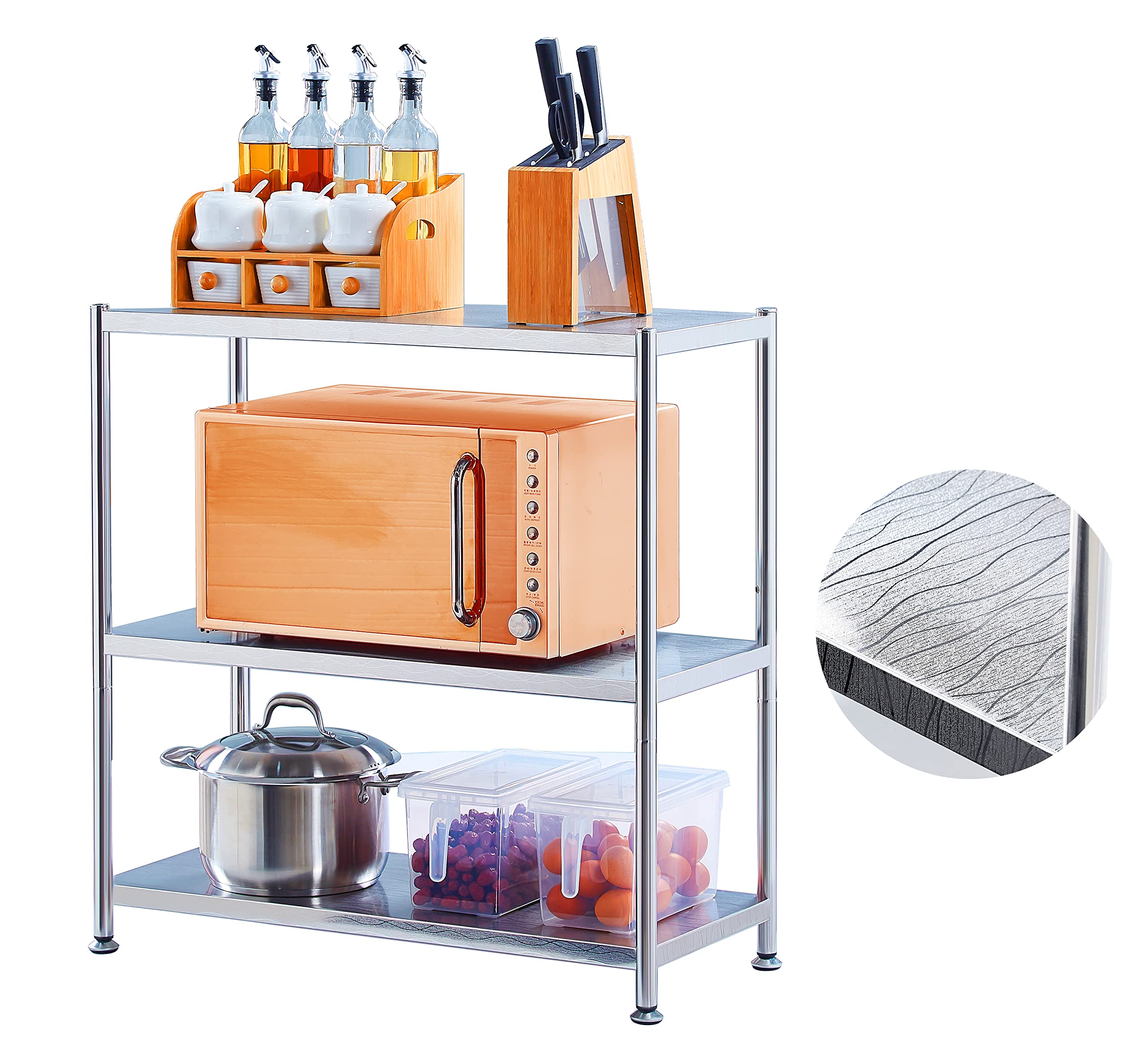 Susunnus 3-Tier Stainless Steel Shelves - 23.6 Inch Heavy Duty Kitchen Storage Organizer with Artistic Texture | Waterproof & Sturdy Metal Shelving for Pantry, Garage, or Commercial Use