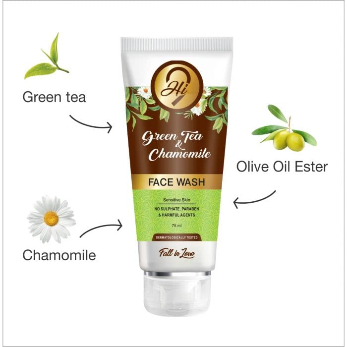 Hi9 Green Tea & Chamomile Face Wash 75ml - Brightening Exfoliating Cleanser for Glowing Skin | Oil Control & Acne Treatment for Oily Skin | Paraben-Free Gentle Facial Wash for Men & Women | Perfect for Daily Skincare Routine & Travel Size