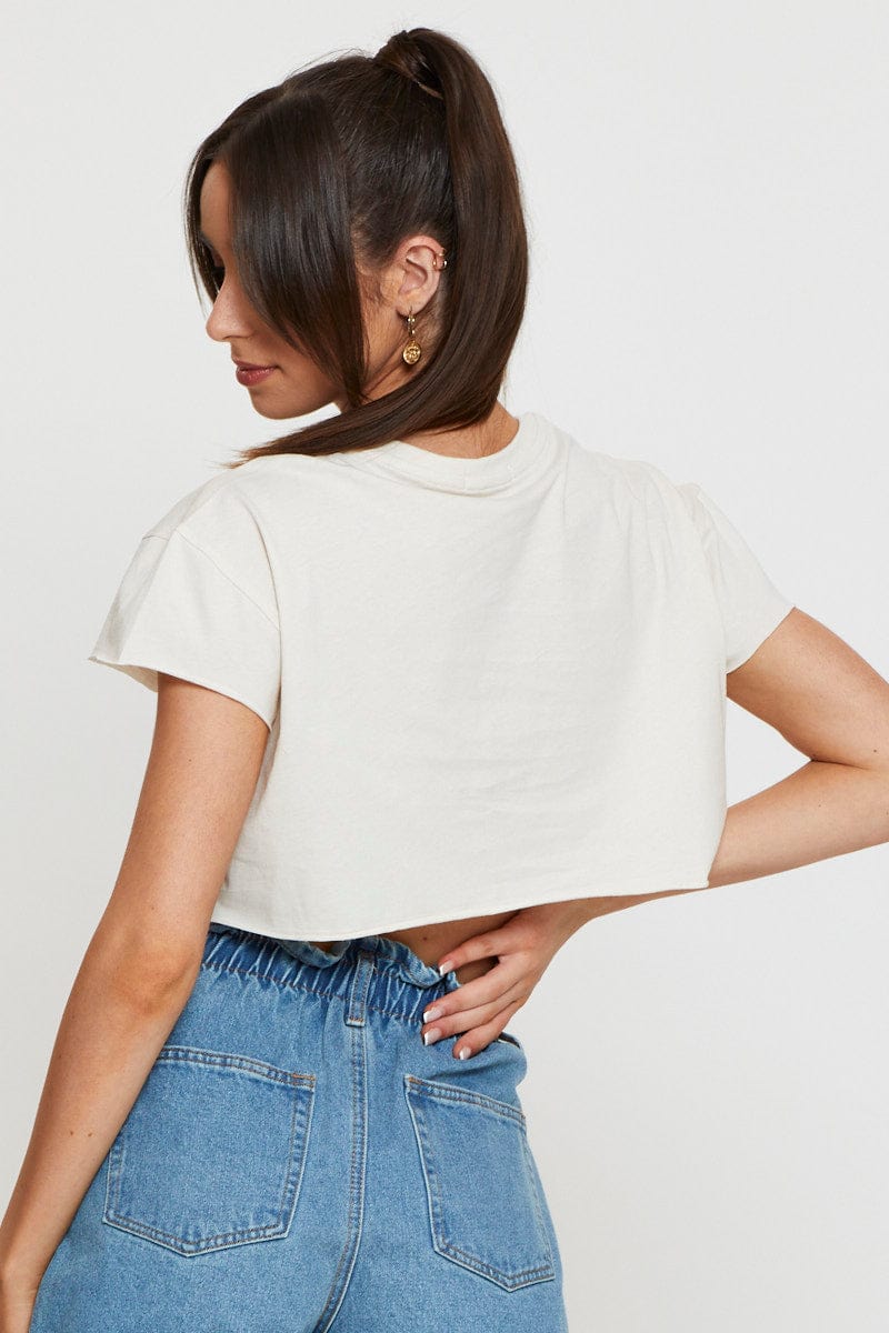 Trendy Beige Graphic Print Short Sleeve Crop Top for Women - Casual Summer Outfit, Streetwear Fashion, Beach Party Essential