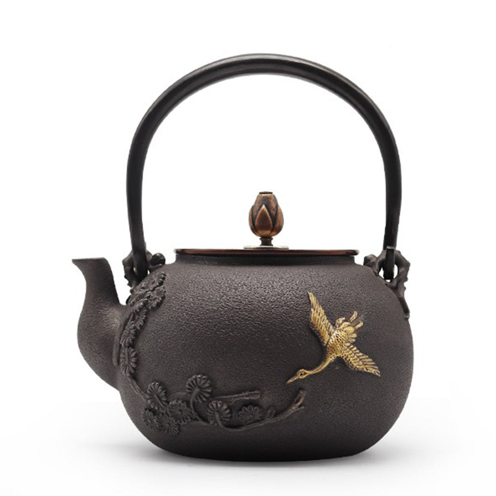 Premium Pine & Crane Cast Iron Teapot - Japanese Tetsubin Style for Loose Leaf Tea Brewing - Perfect for Tea Ceremonies, Home Use & Gifts