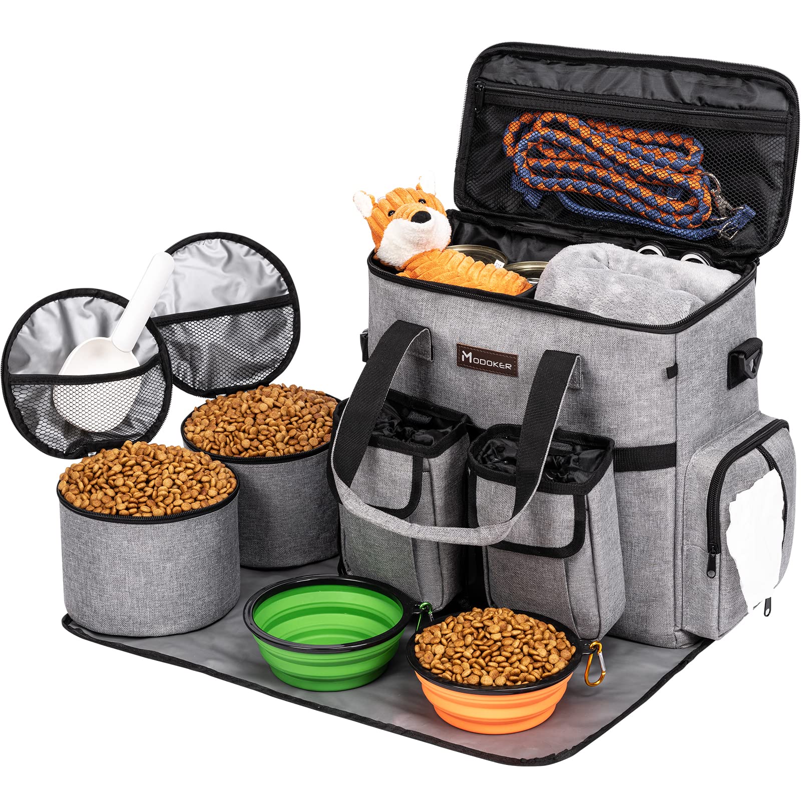 TSA Approved Dog Travel Bag with 2 Treat Pouches & Collapsible Bowls - Pet Carrier Tote Organizer for Airplane, Car & Weekend Trips - Includes 2 Food Containers (Grey) - Perfect for Pet Travel Accessories & On-the-Go Feeding