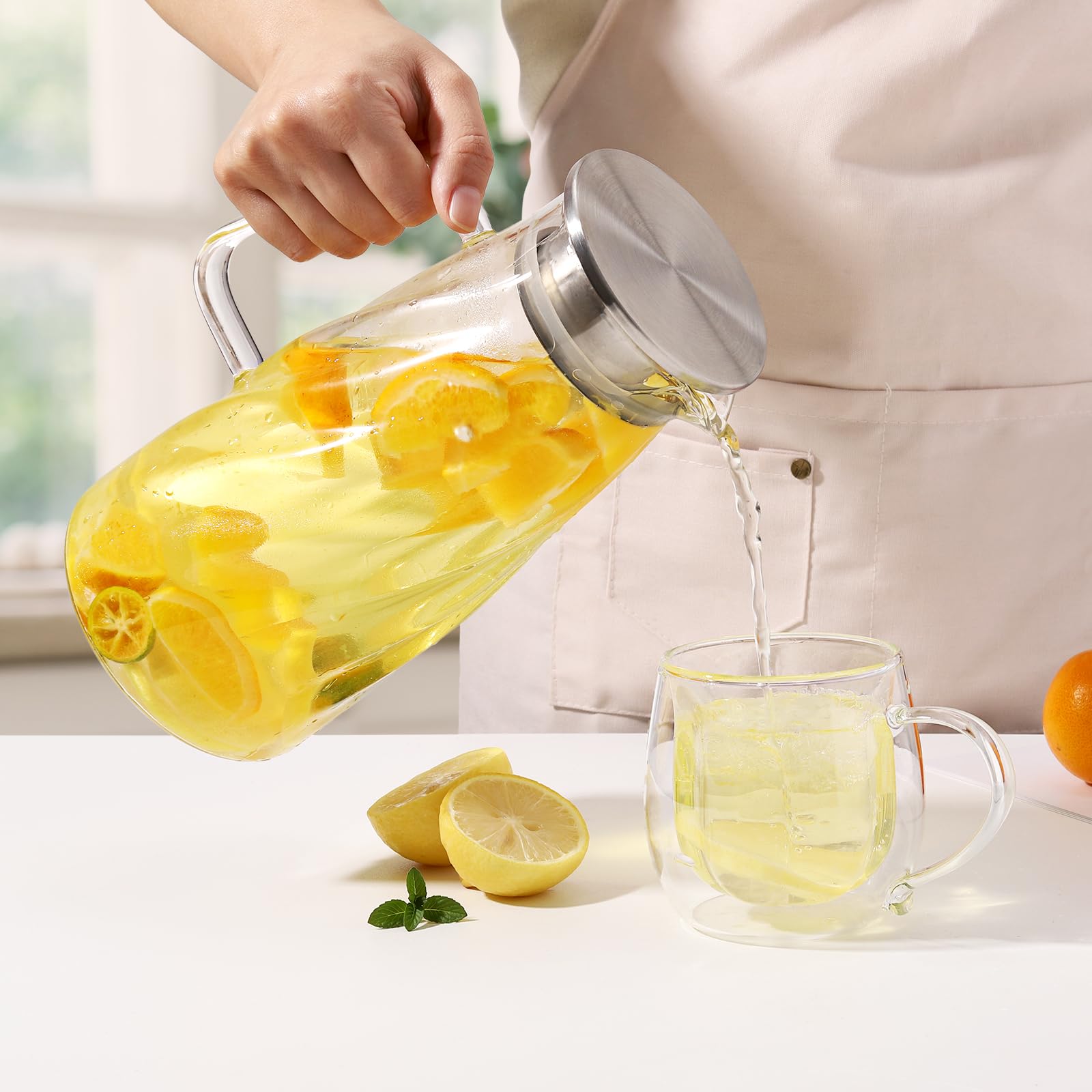 VEVOK CHEF 57 oz Glass Pitcher with Lid - 1.7L Iced Tea & Sun Tea Pitcher - BPA-Free Beverage Carafe for Hot/Cold Drinks, Juice, Milk, Water - Perfect for Refrigerator, Parties, and Outdoor Gatherings