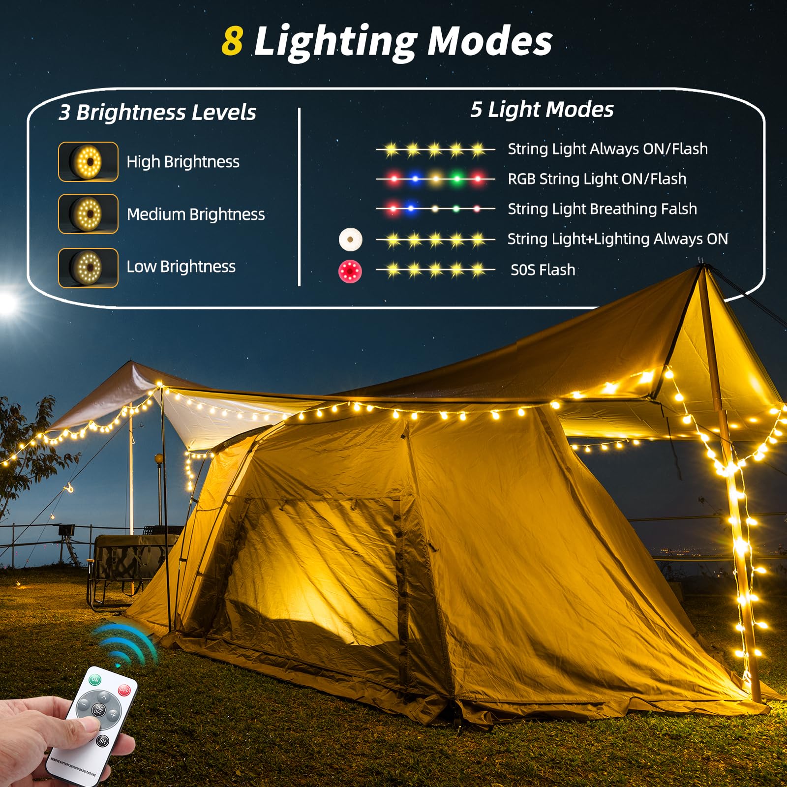 GHORA 2-in-1 Solar Powered LED String Lights - 39.4ft Waterproof Outdoor Hanging Lights with Remote Control for Camping, Tent, Yard, Garden & Patio Decor