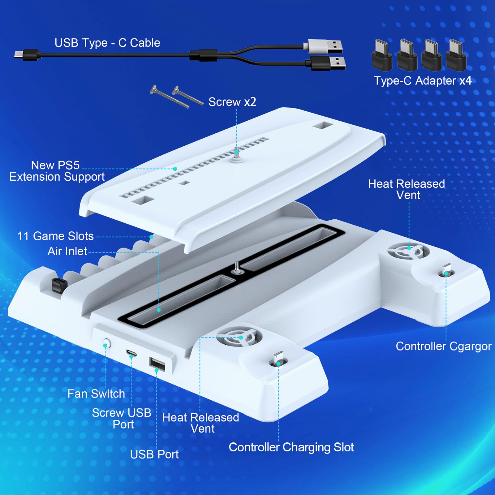 DOBE FOMIS PS5 Slim Stand with Cooling Fan & Controller Charger - 3-Speed Cooling Station for PlayStation 5 Disc/Digital Edition - Includes 4 USB Hub, 11 Game Storage Slots & Mounting Screws - Perfect for Gaming Setup & Console Protection