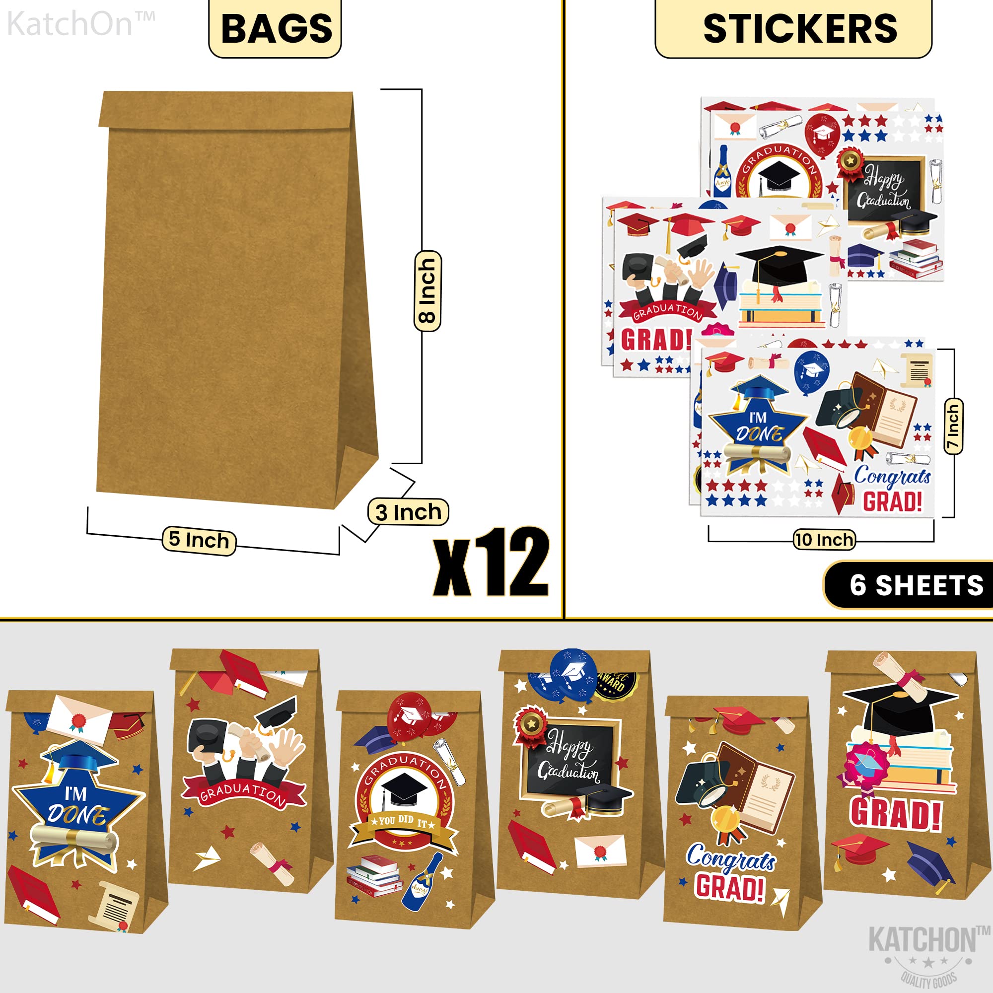 KatchOn Graduation Gift Bags 2025 - Pack of 18 | Premium Grad Party Favors with Decorative Stickers | Graduation Party Supplies & Decorations | Perfect for High School & College Graduation Celebrations