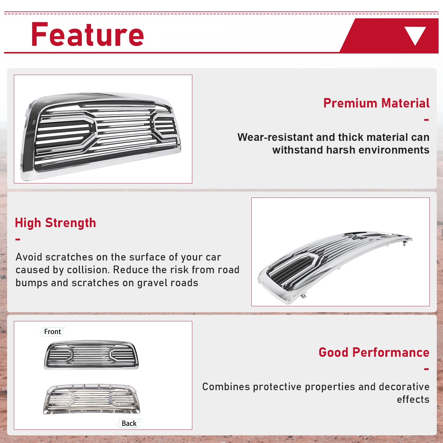 HECASA Front Hood Bumper Grille Replacement Shell for 2009-2012 Dodge Ram 1500 - Chrome Finish Without Lights | Perfect for Off-Roading & Truck Customization
