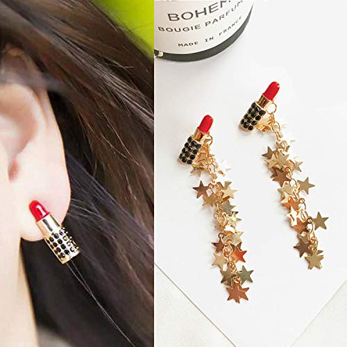 Sexy Red Lipstick Pin Earrings for Women - Long Star Tassel Fringe Drop Dangle Earrings - Wedding & Party Jewelry - Perfect for Date Nights, Prom, and Special Occasions