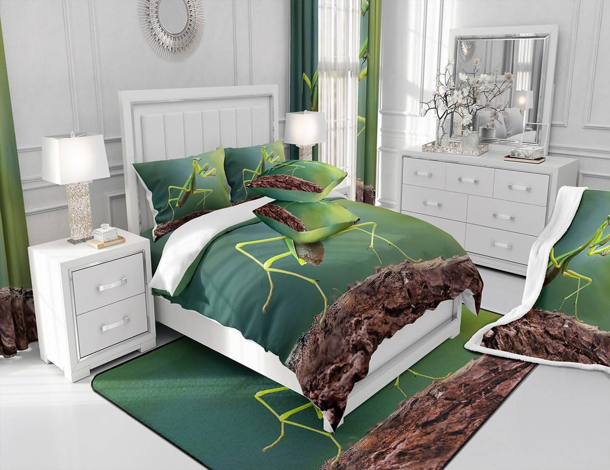 Green Praying Mantis Insect Theme Microfiber Bedding Set - Twin Size Fitted Sheet & Pillowcase (2pc) for Kids, Boys & Teens | Jungle Safari Room Decor, Nature Themed Bedroom Accessories