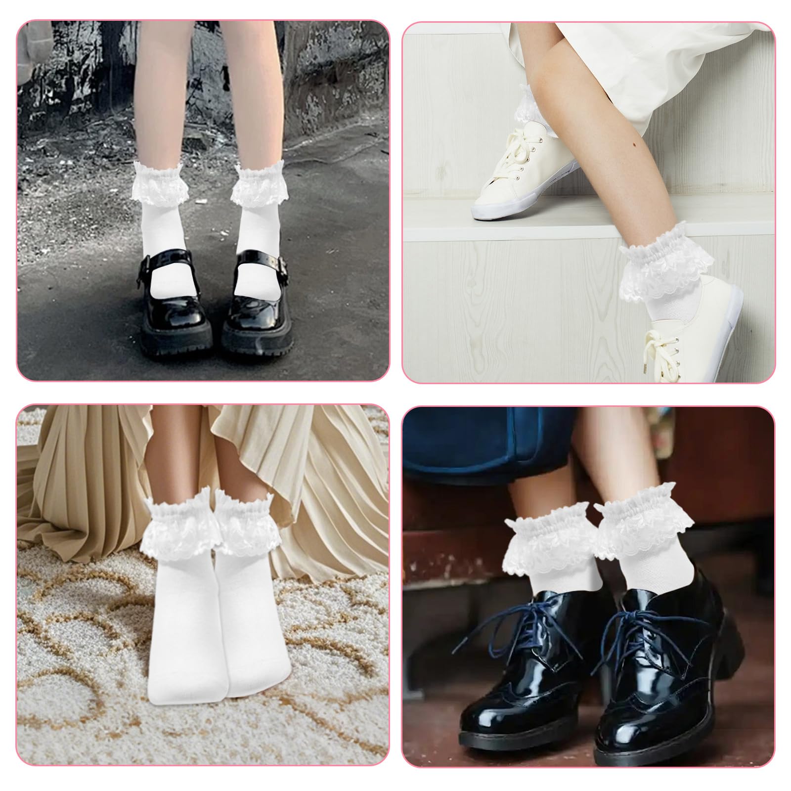 2 Pairs Women's Lace Ruffle Ankle Socks - Soft Frilly Crew Socks for Everyday Wear, Fashionable & Comfortable - Perfect for Casual Outfits, Dresses, and Special Occasions