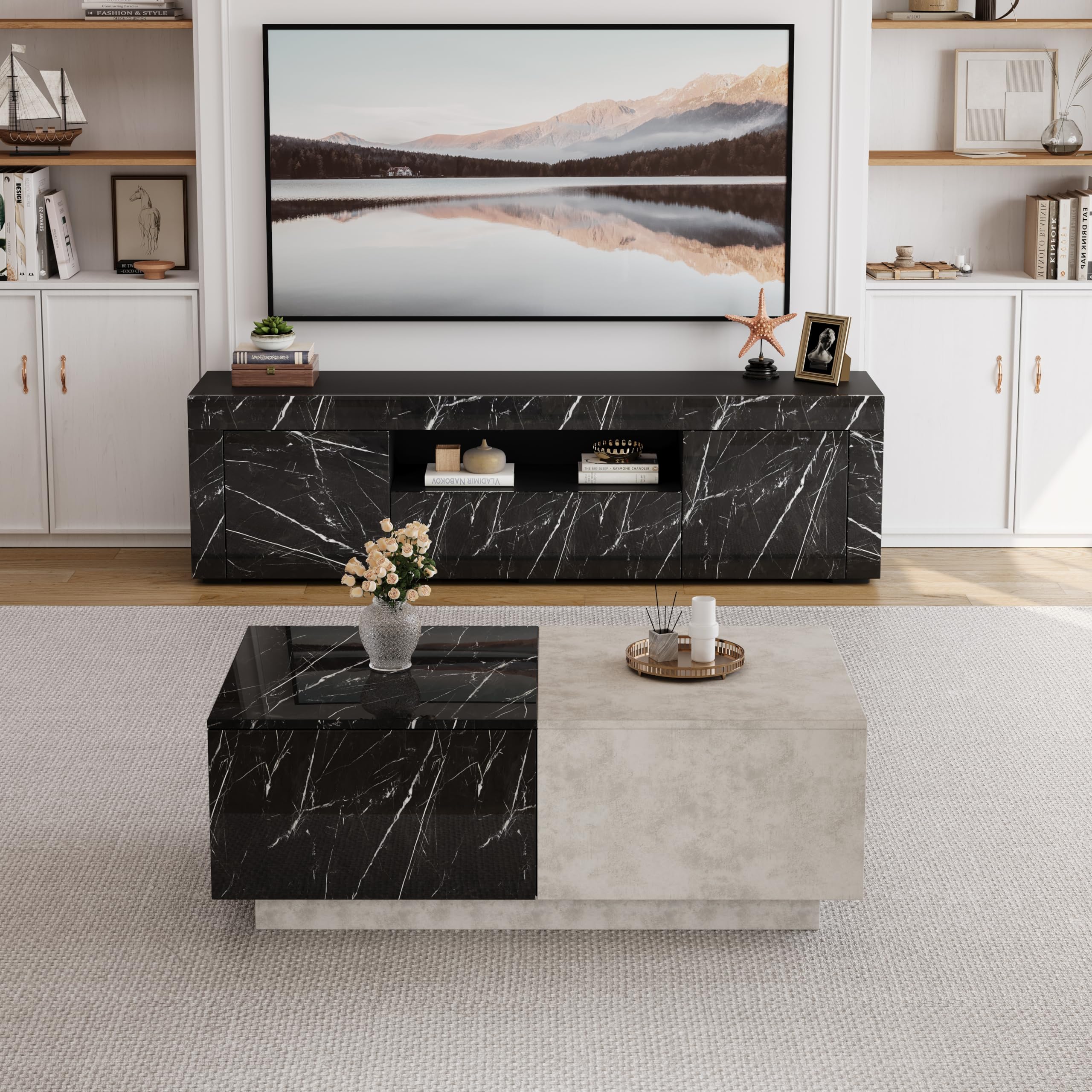 Modern High Gloss TV Stand and Coffee Table Set with LED Lighting - 63