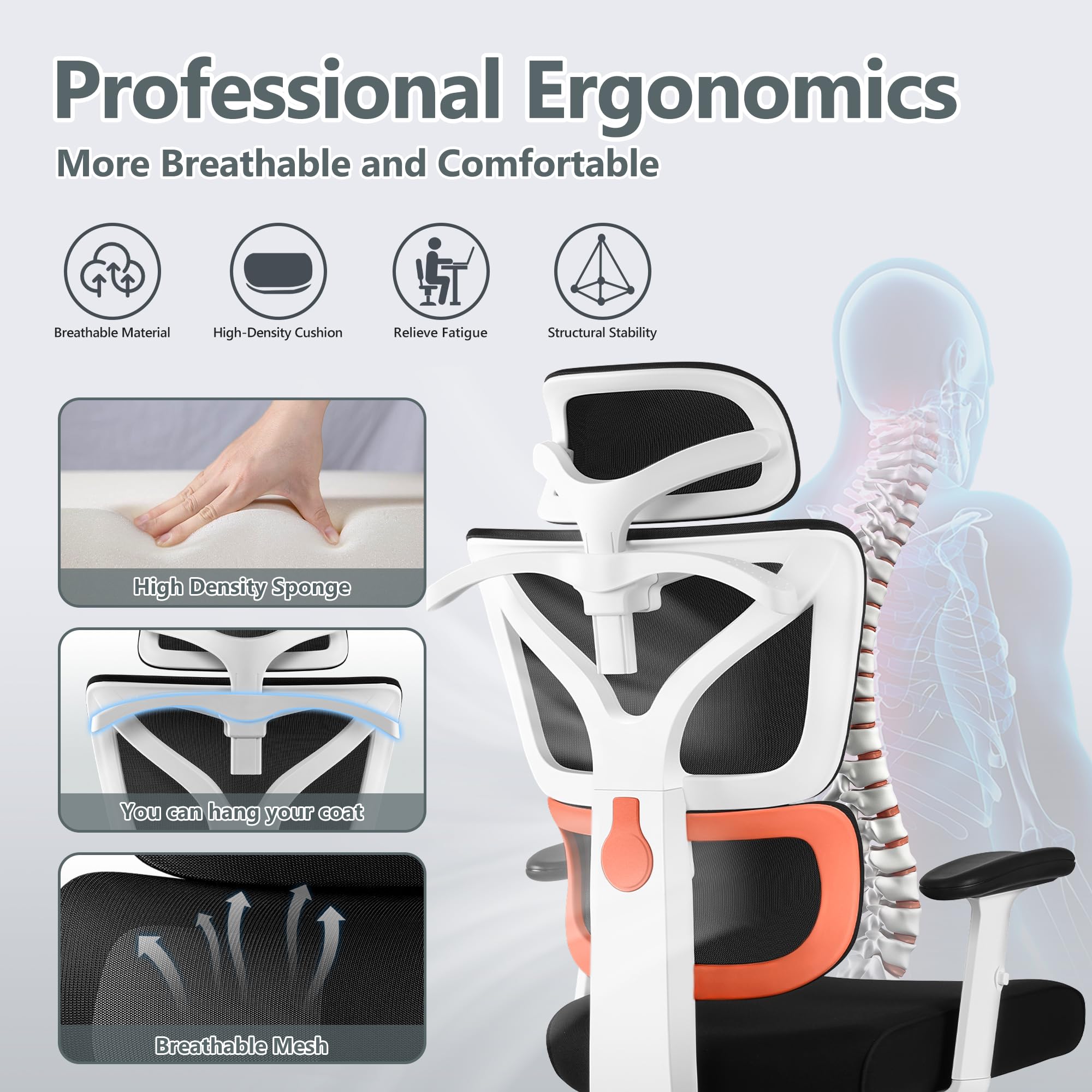 Ergonomic Office Chair with Lumbar Support - High Back Mesh Computer Desk Chair for Home & Gaming - Adjustable Armrests & Reclining Function - Big and Tall Comfortable Chair (Orange) - Perfect for Long Work Hours, Gaming Sessions & Home Office Use