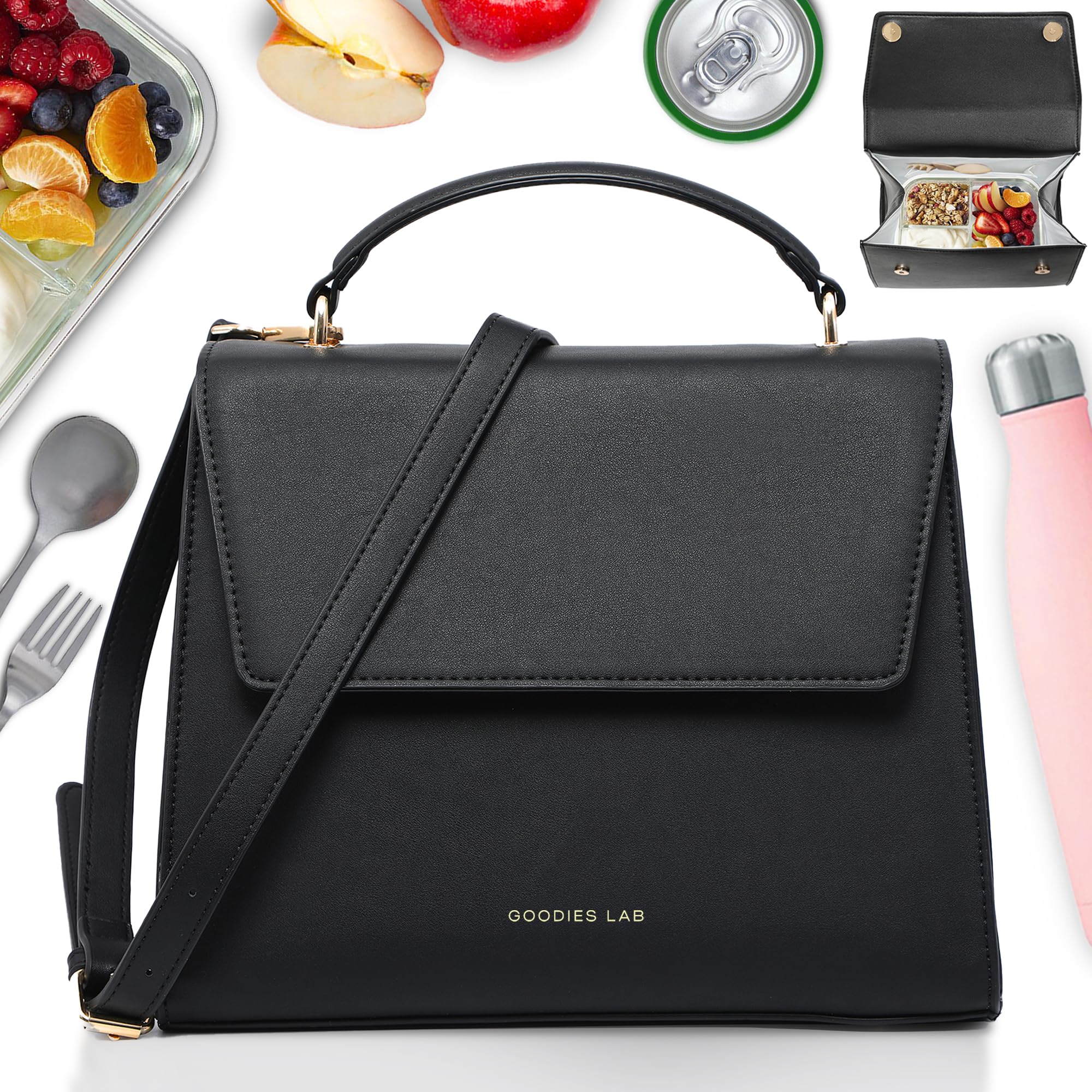 Stylish Insulated Leather Lunch Bag for Women - Black Designer Lunch Tote Purse with Thermal Insulation | Perfect for Work, Office, School & Picnics