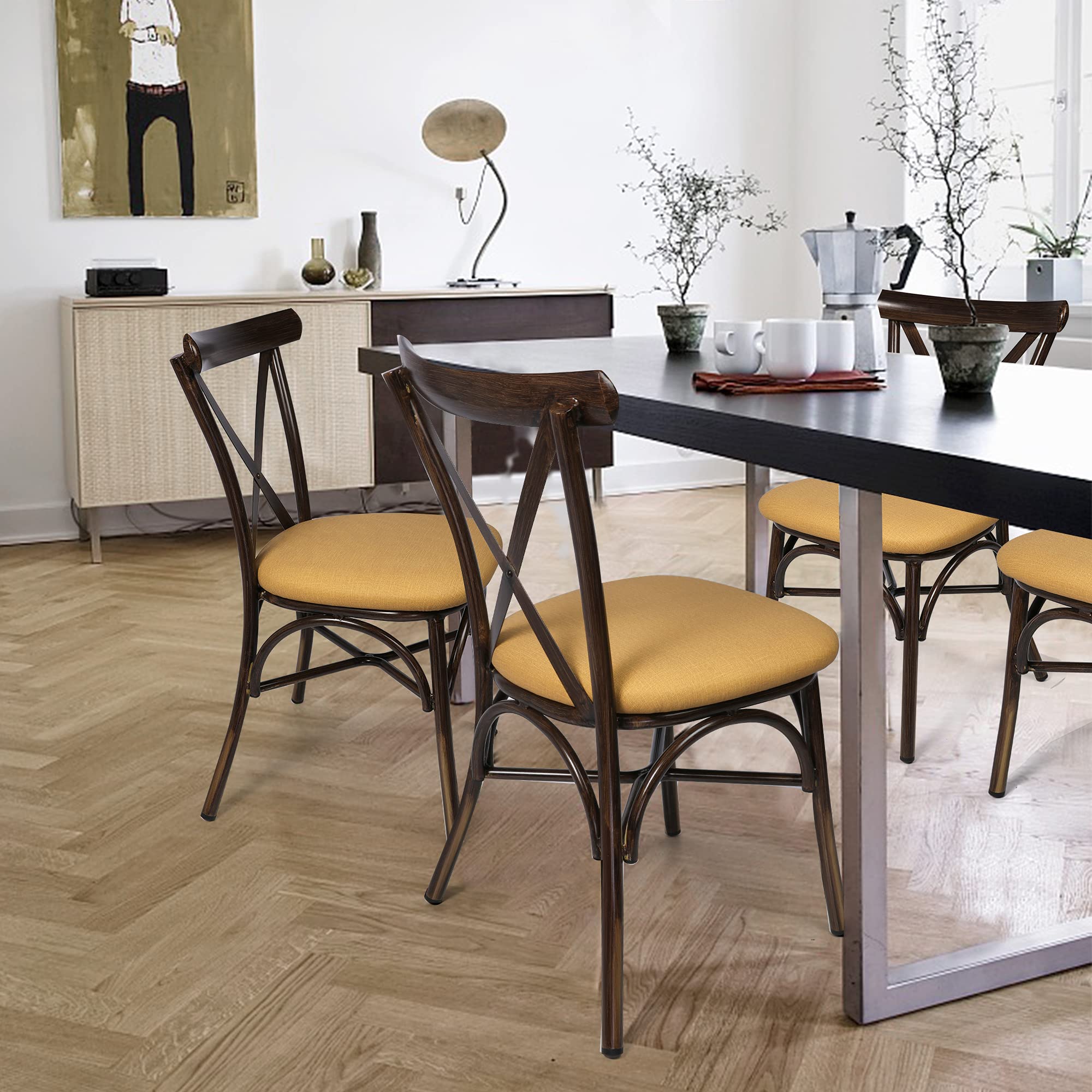 LUCKYERMORE 2-Piece PU Leather Dining Chair Set - Sturdy X-Back Design with Aluminum Frame - Modern Comfortable Kitchen Chairs for Indoor/Outdoor Use - Orange Cushion - Perfect for Dining Rooms, Patios, and Small Spaces