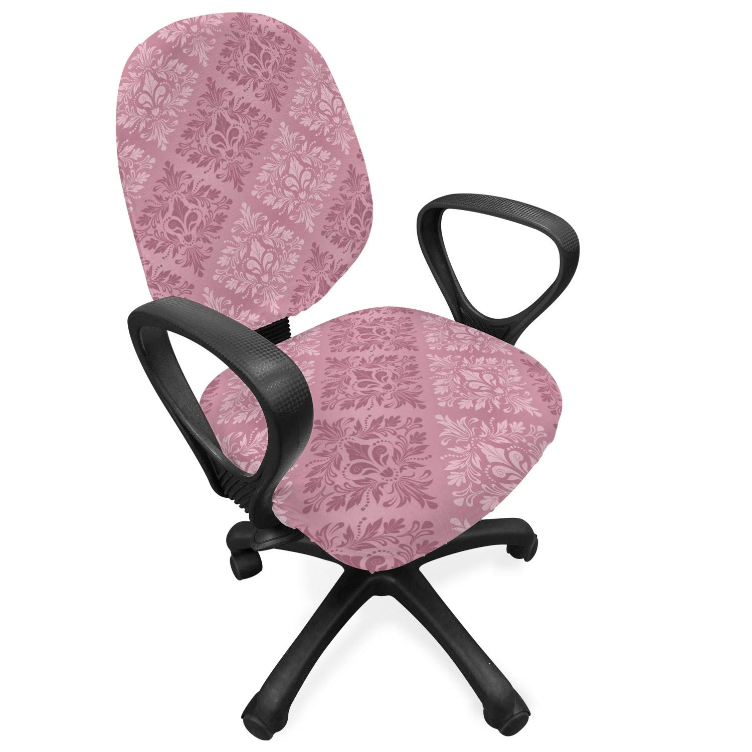 Antique Style Pink Damask Office Chair Slipcover - Stretchable Decorative Fabric Cover with Dried Rose Tonal Diagonal Design, Standard Size for Home & Office Use