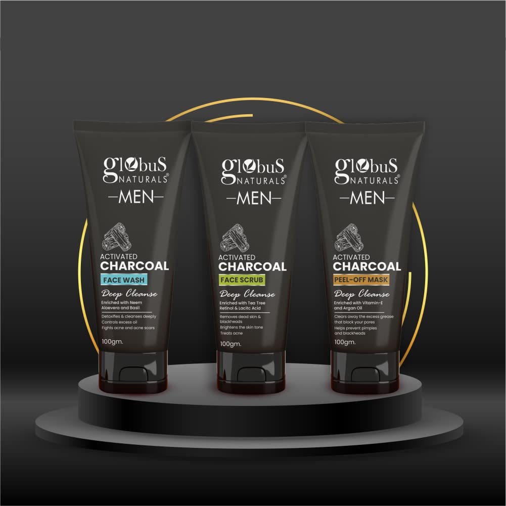 Globus Naturals Charcoal Anti-Pollution Face Care Combo for Men - 3-Piece Set with Face Wash, Scrub & Peel Off Mask | Deep Cleansing & Detoxifying Skincare Routine for Oily & Acne-Prone Skin
