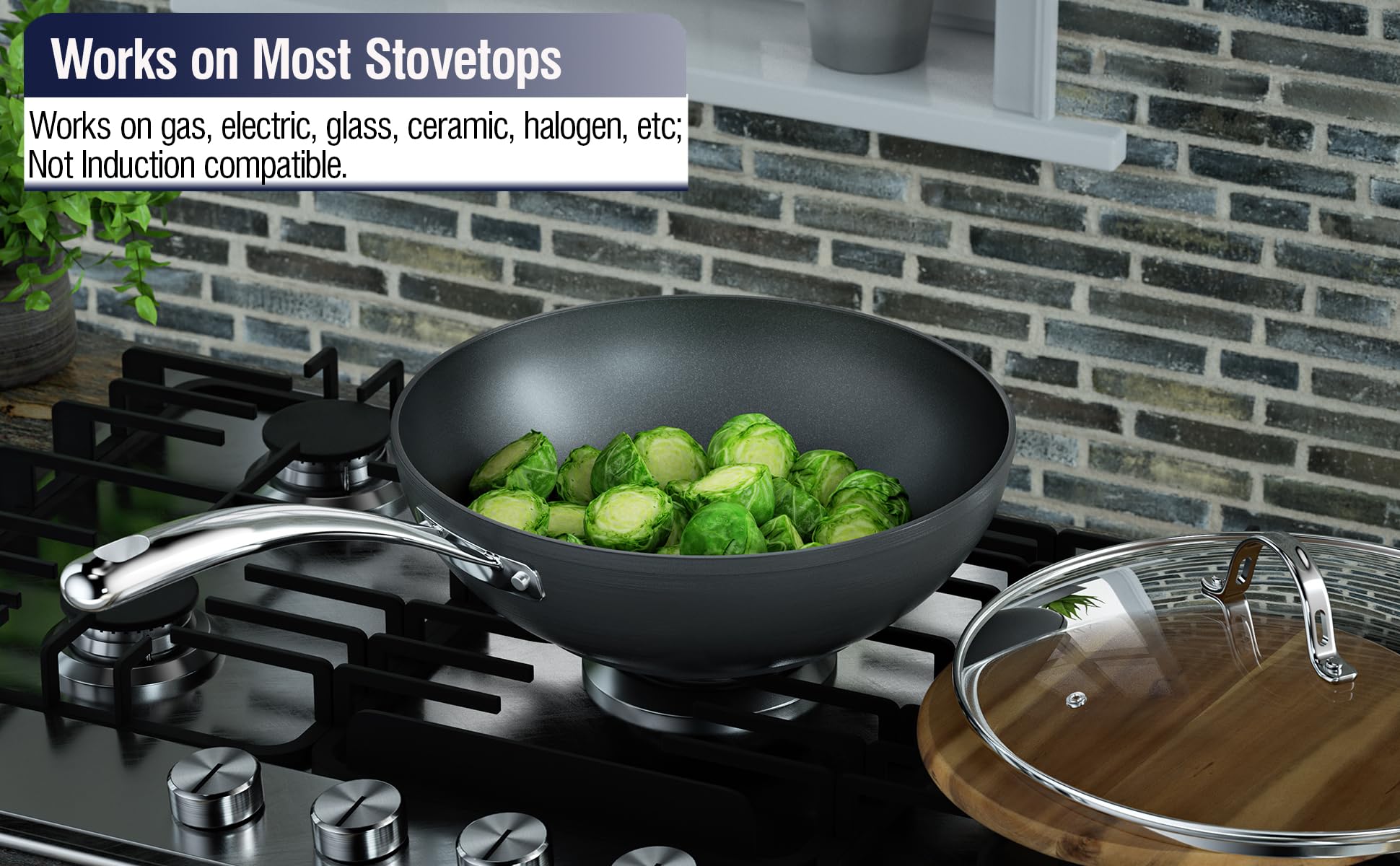 **Cooks Standard 11-Inch Nonstick Stir-Fry Wok Pan - Hard Anodized Deep Frying Pan with Glass Lid, Flat Bottom, Black - Perfect for Asian Cooking, Sautéing & Home Kitchen Use**