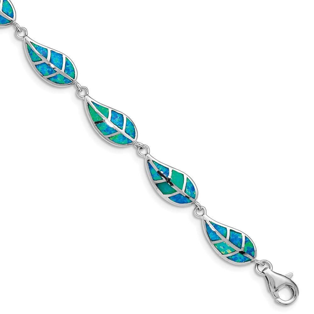925 Sterling Silver Rhodium Plated Blue Opal Leaf Bracelet for Women - 7.5
