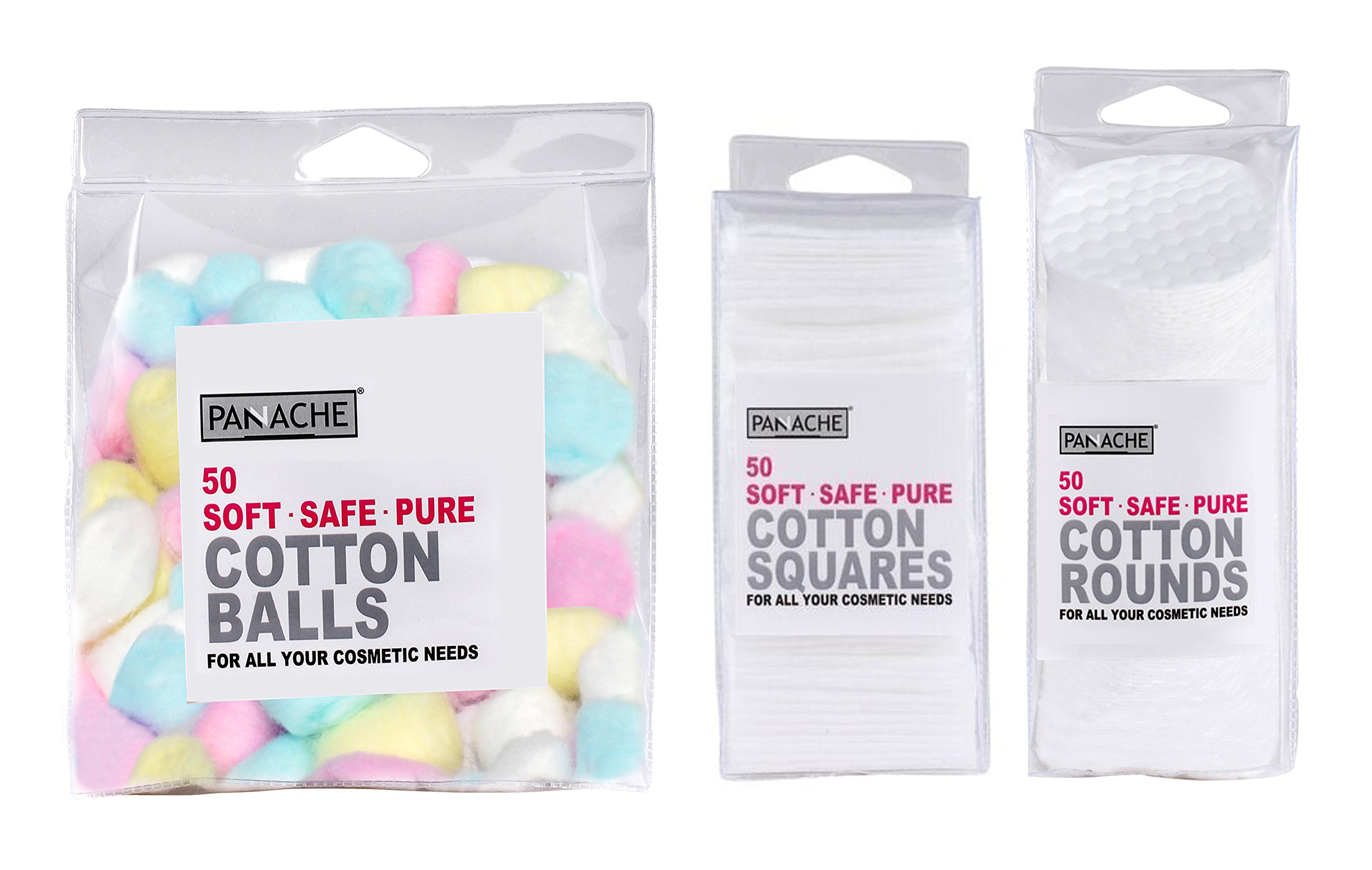PANACHE Total Cotton Essentials - 50 Count Soft & Highly Absorbent Cotton Balls, Squares & Rounds for Makeup Removal, Skincare, Medical & First Aid Use | Cosmetic Cotton Pads for Face, Nails & Hygiene Care