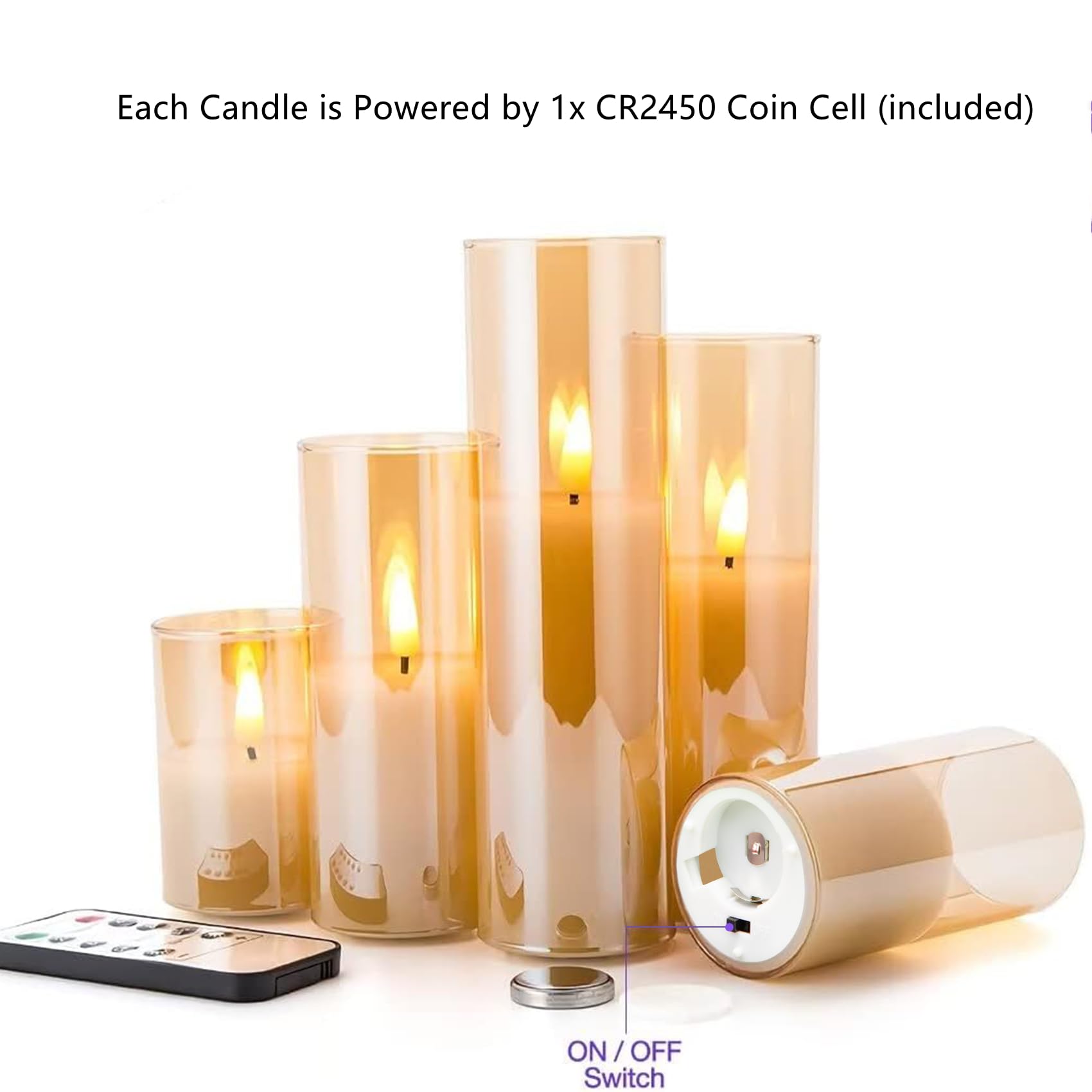 Premium Gold Glass Flameless Candles with Remote Control - Set of 5 Slim Tall Flickering LED Votive Pillar Candles for Christmas, Weddings, Home Decor & Romantic Ambiance