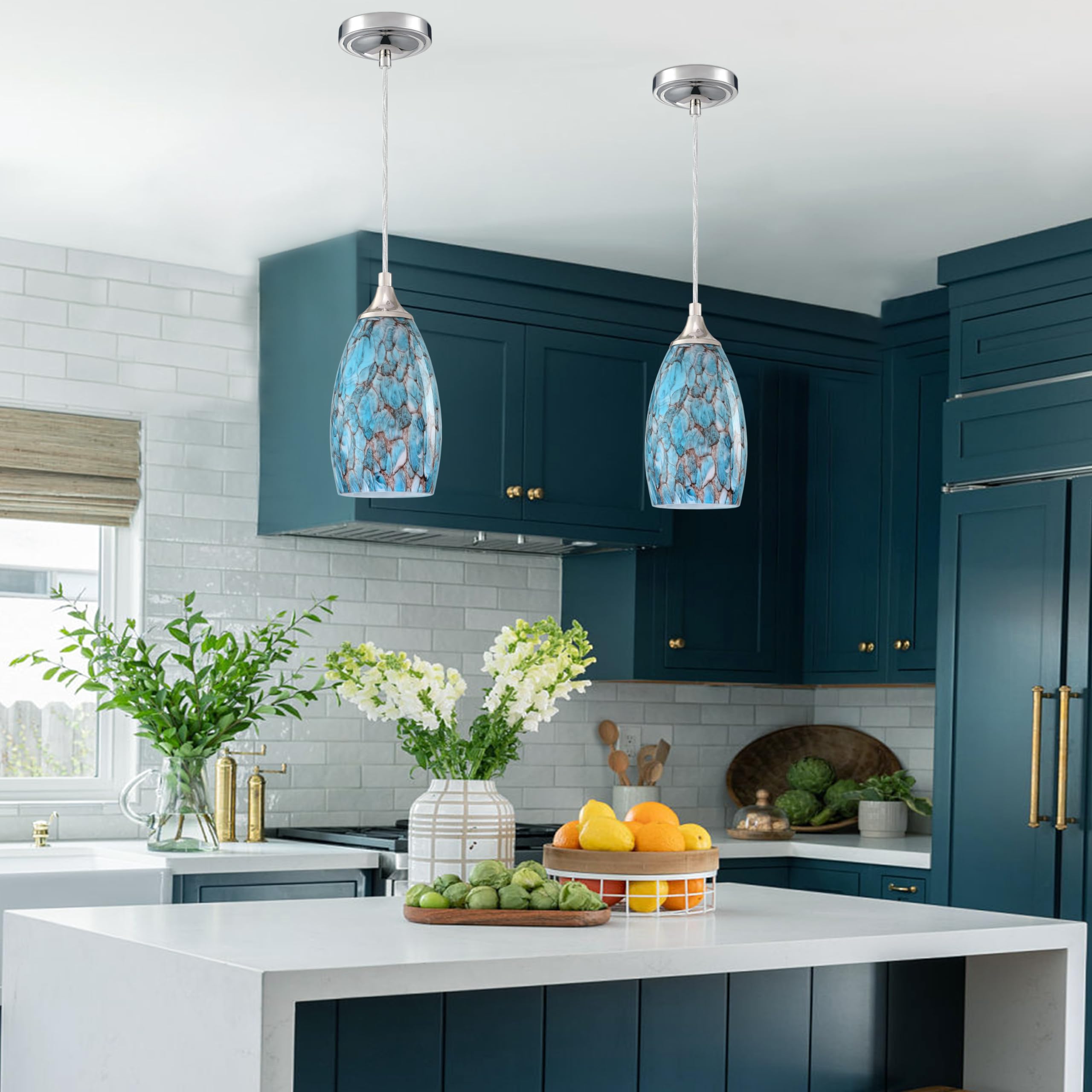 3 Pack Mini Hanging Pendant Lights - Polished Nickel Finish Handcrafted Art Glass Shade for Kitchen Island, Bar, Dining Room & Over Sink | Peacock Blue Glass | Indoor Decorative Lighting for Modern Home Decor