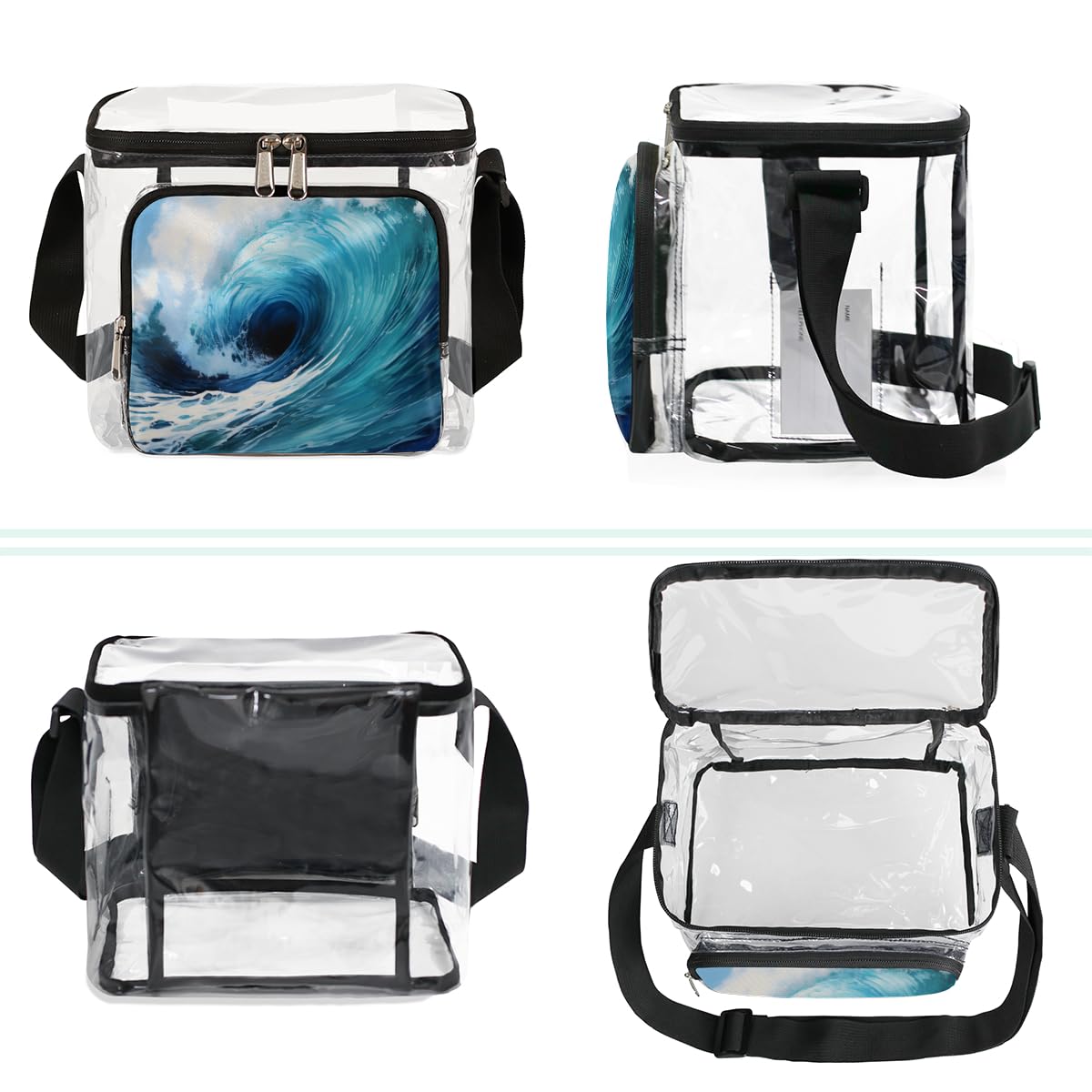 GzLeyigou Transparent Blue Wave Print Tote Bag with Handles - Waterproof Clear Shoulder Bag for Beach, Travel, Picnic, Concerts & Sports Events | Stadium Approved Crossbody Lunch Bag for Women & Men