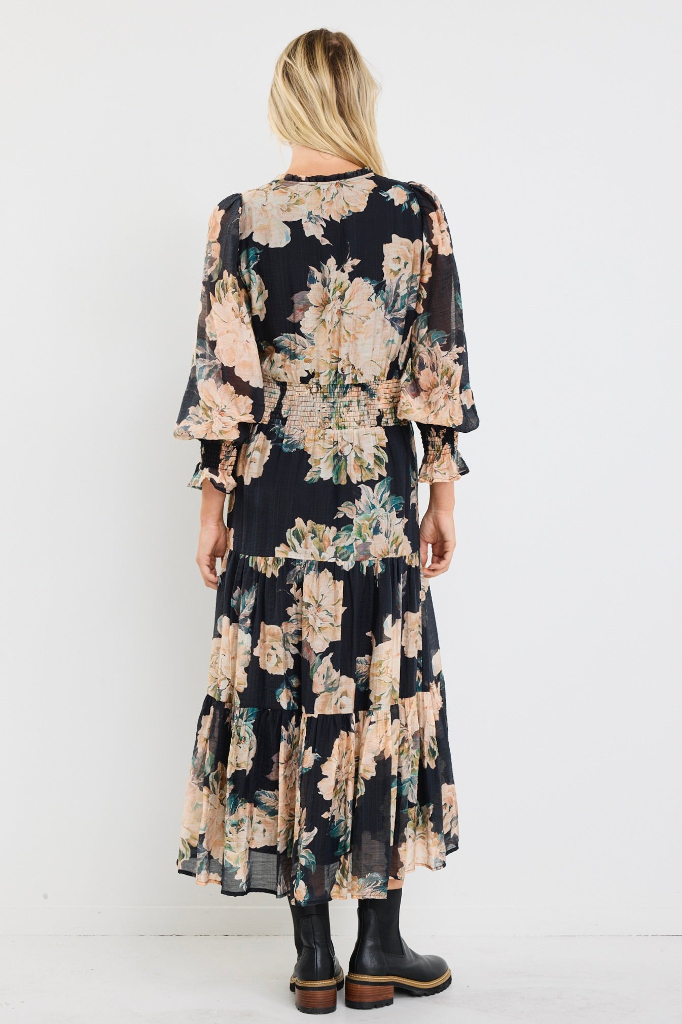 Navy Blue Peach Floral Long Sleeve Shirred Waist Tiered Maxi Dress for Women - Boho Chic Summer Beach Wedding Guest Outfit