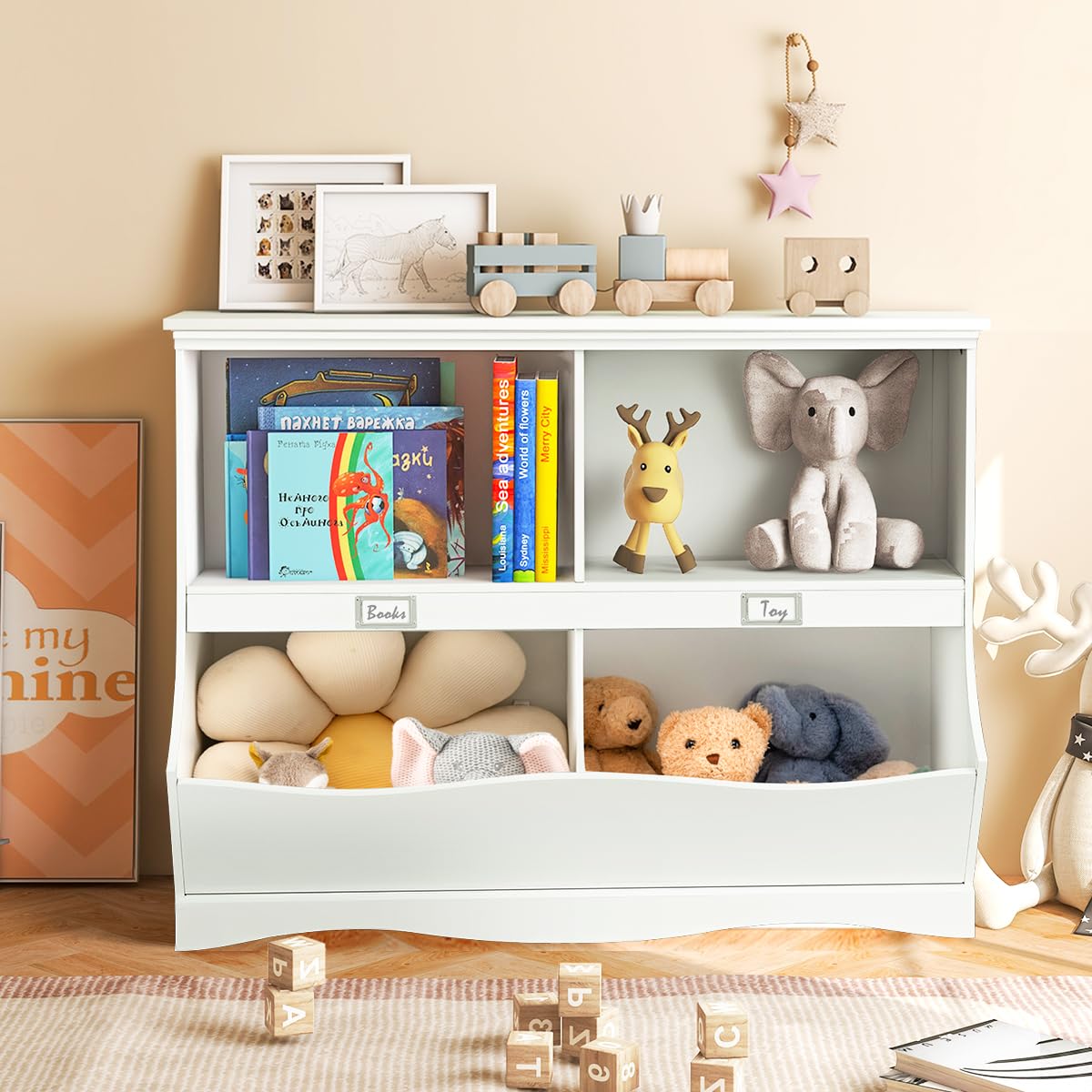 Multifunctional White Toy Storage Organizer with 2 Shelves & 4 Bins - Kids Cubby Cabinet for Nursery, Playroom, Bedroom - Perfect for Organizing Toys, Books, and Kids Supplies