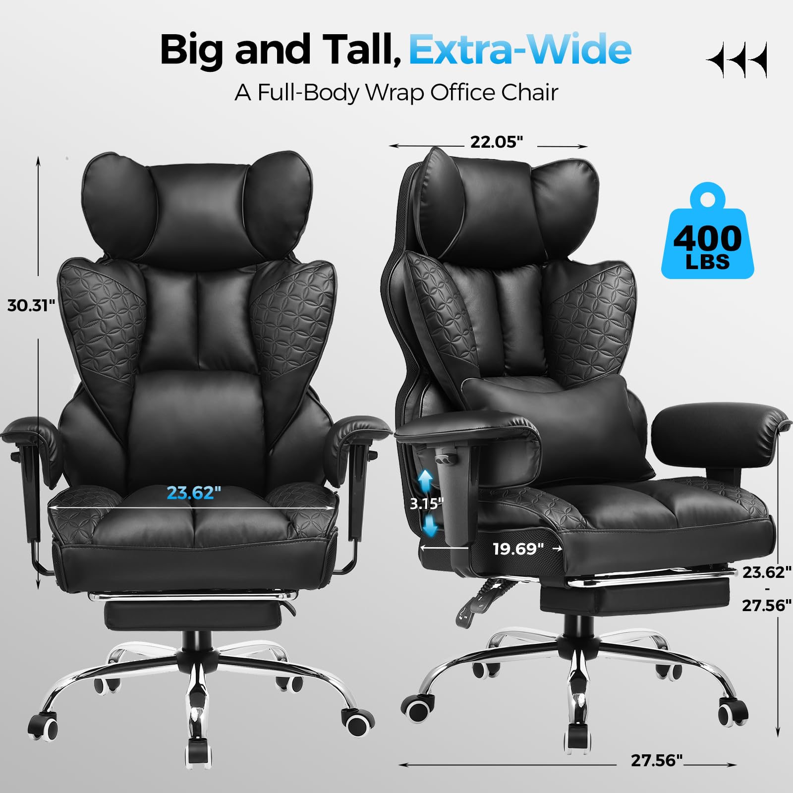 COMHOMA Big and Tall Office Chair 400LBS Capacity - Ergonomic Gaming Chair with Premium Embossed Leather, Footrest, 150° Reclining, Adjustable Armrests & Pocket Spring Back Support - Perfect for Home Office, Gaming Setup and Executive Workspaces