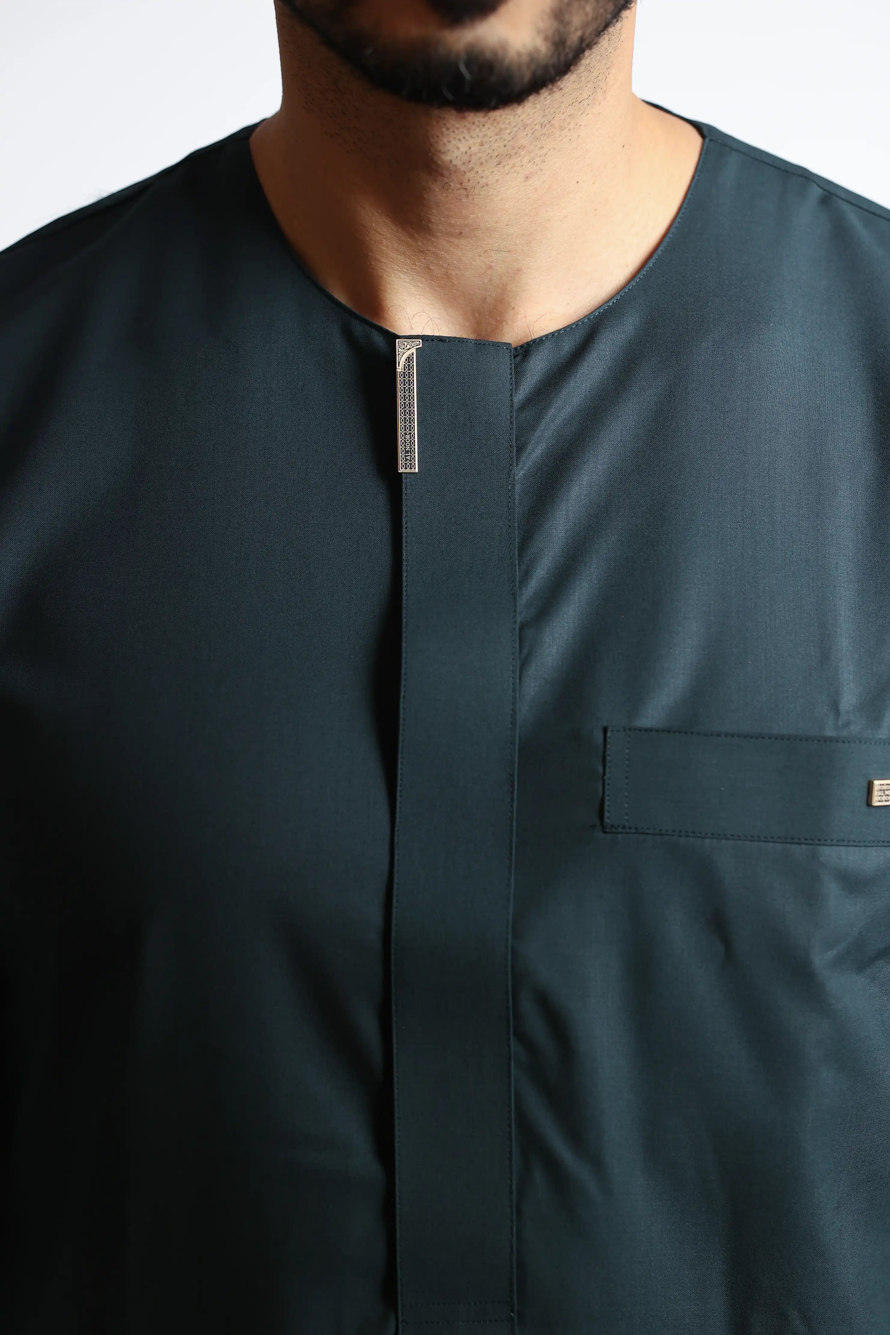 J108 Bottle Green Buckle Thobe - Premium Islamic Robe for Men | Comfortable & Stylish Prayer Dress | Perfect for Eid, Ramadan & Mosque Wear