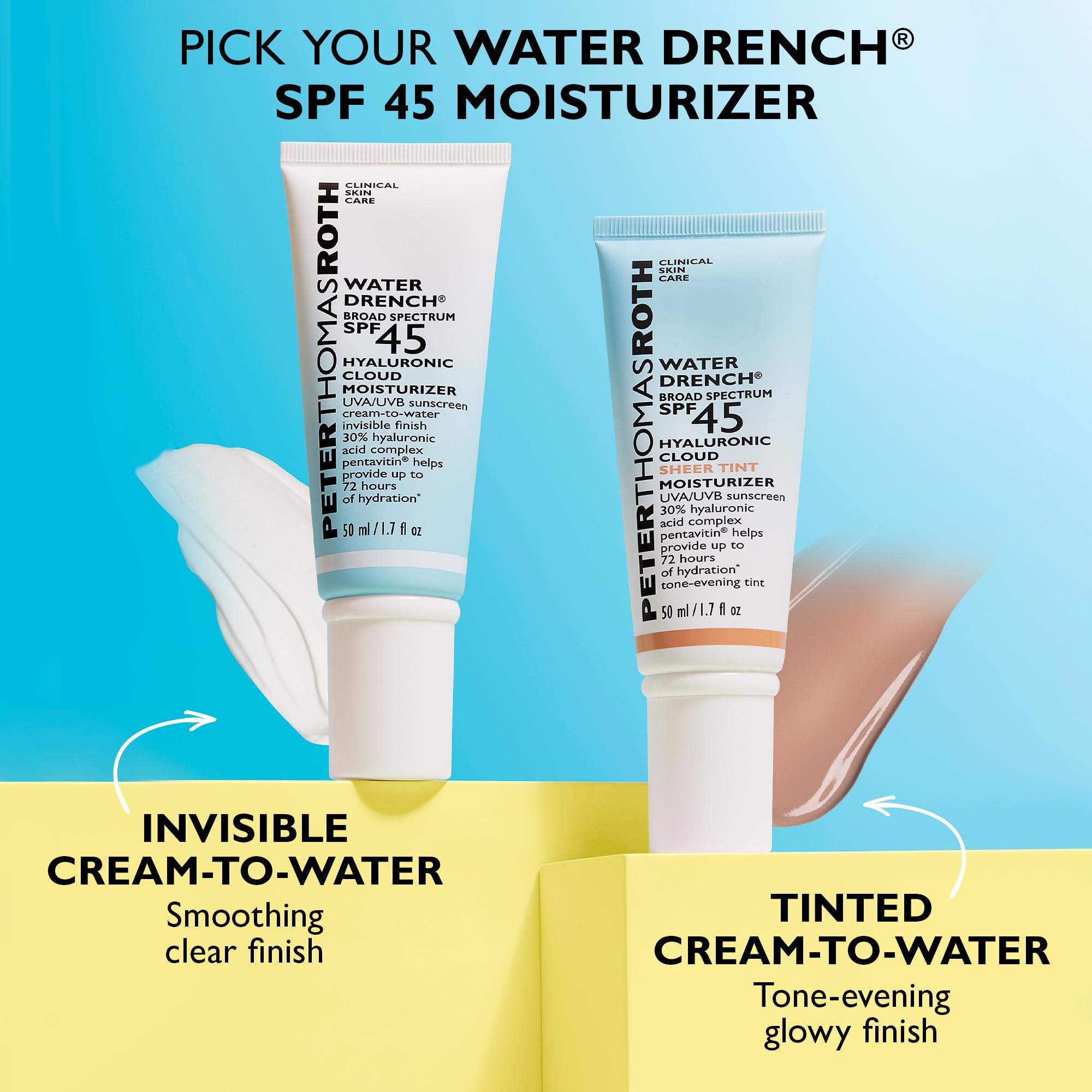 Peter Thomas Roth Water Drench Hyaluronic Cloud Sheer Tint Moisturizer SPF 45 - Hydrating Tinted Sunscreen for Face, Lightweight Broad Spectrum Protection, Universal Sheer Tint for All Skin Tones | Daily Wear, Makeup Base, Sun Protection for Dry & Sensitive Skin