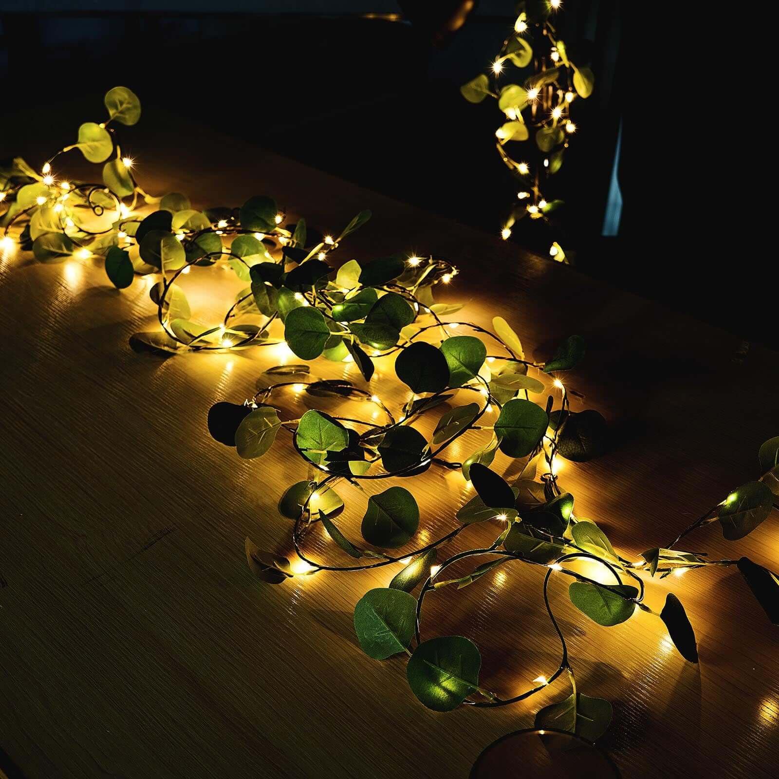 Efavormart 32FT 100 LED Green Artificial Eucalyptus Leaf Garland - Battery Operated Fairy String Lights for Wedding, Party, Garden & Home Decor (Indoor/Outdoor) | Romantic Backdrop, Christmas, Baby Shower & Event Decoration