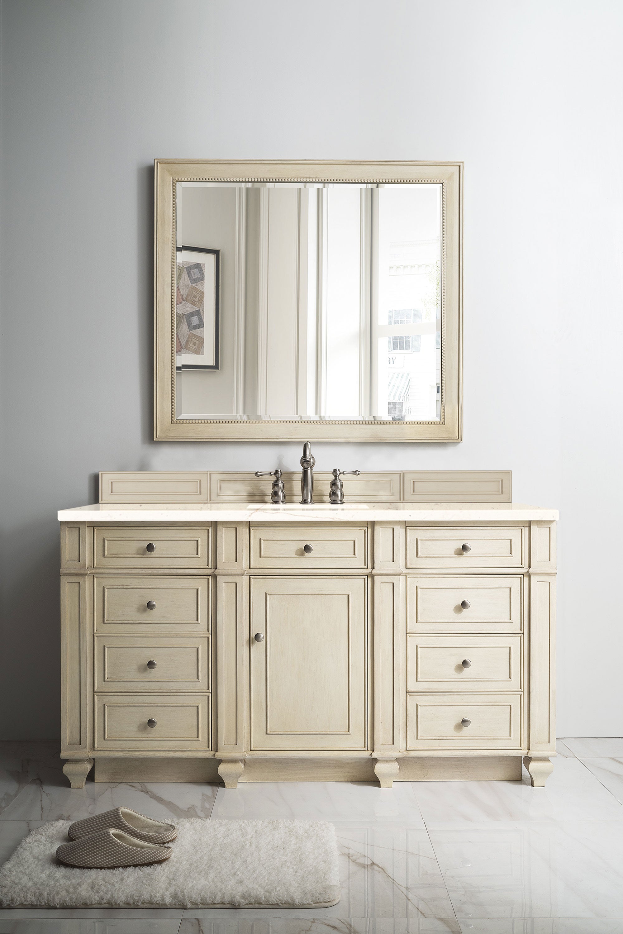 Bristol 60-Inch Single Bathroom Vanity Set with 3CM Eternal Marfil Quartz Countertop in Vintage Vanilla - Perfect for Modern Farmhouse & Coastal Bathroom Designs